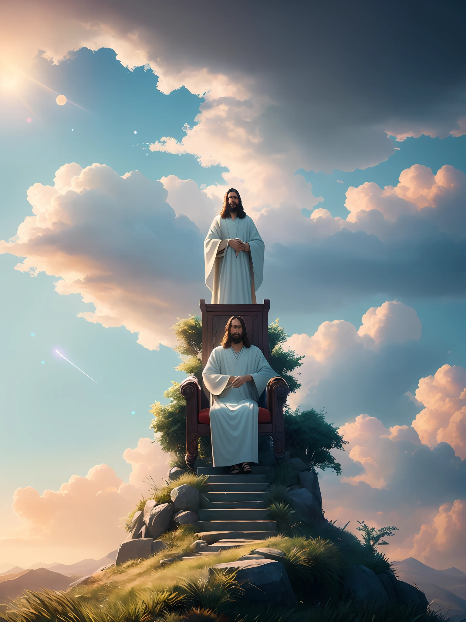 Jesus sovereign coming on the clouds in the sky, seated on the throne of glory soft expression, streaks of light descending from the sky, masterpiece, high quality, high quality, highly detailed CG unit 8k wallpaper, award-winning photos, bokeh, depth of field, HDR, bloom, chromatic aberration, realistic, very detailed, trend in artstation, trend in CGsociety, complex, high detail,  Dramatic, art in the middle of the journey, volumetric lighting