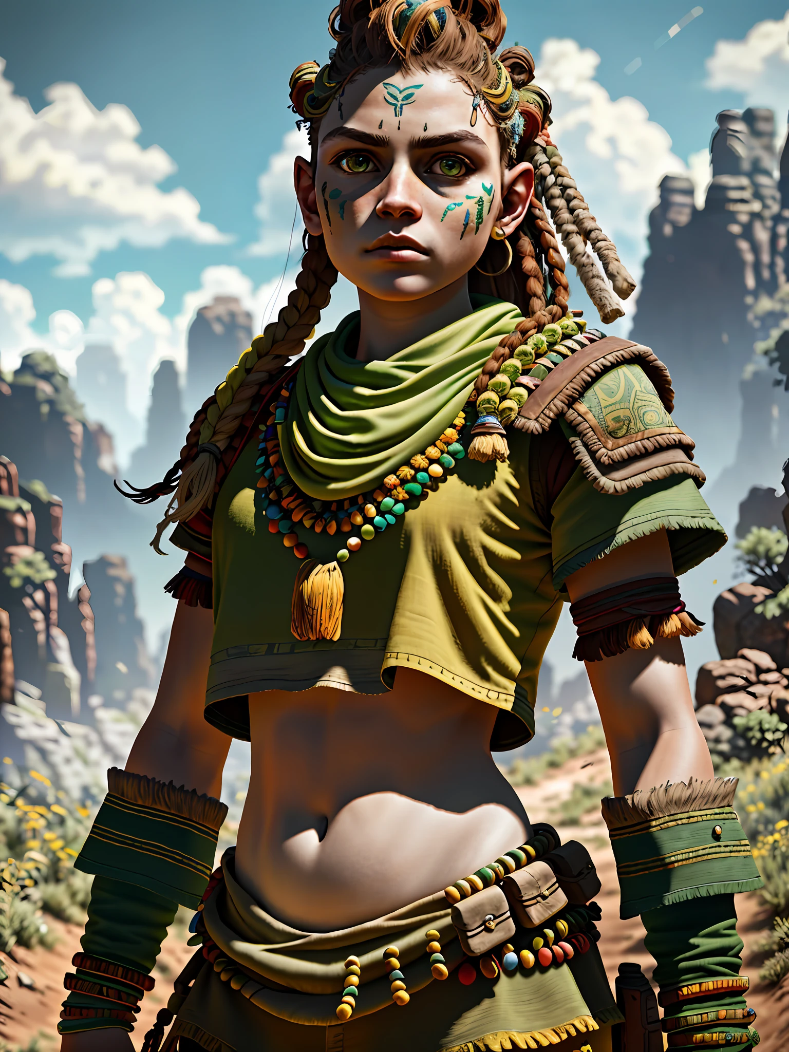 masterpiece, best quality, octane rendering, intricate detail, Aloy with green and yellow colors, insanely detailed eyes, perfect face, hair beads, wide portrait, open field, sparse vegetation,