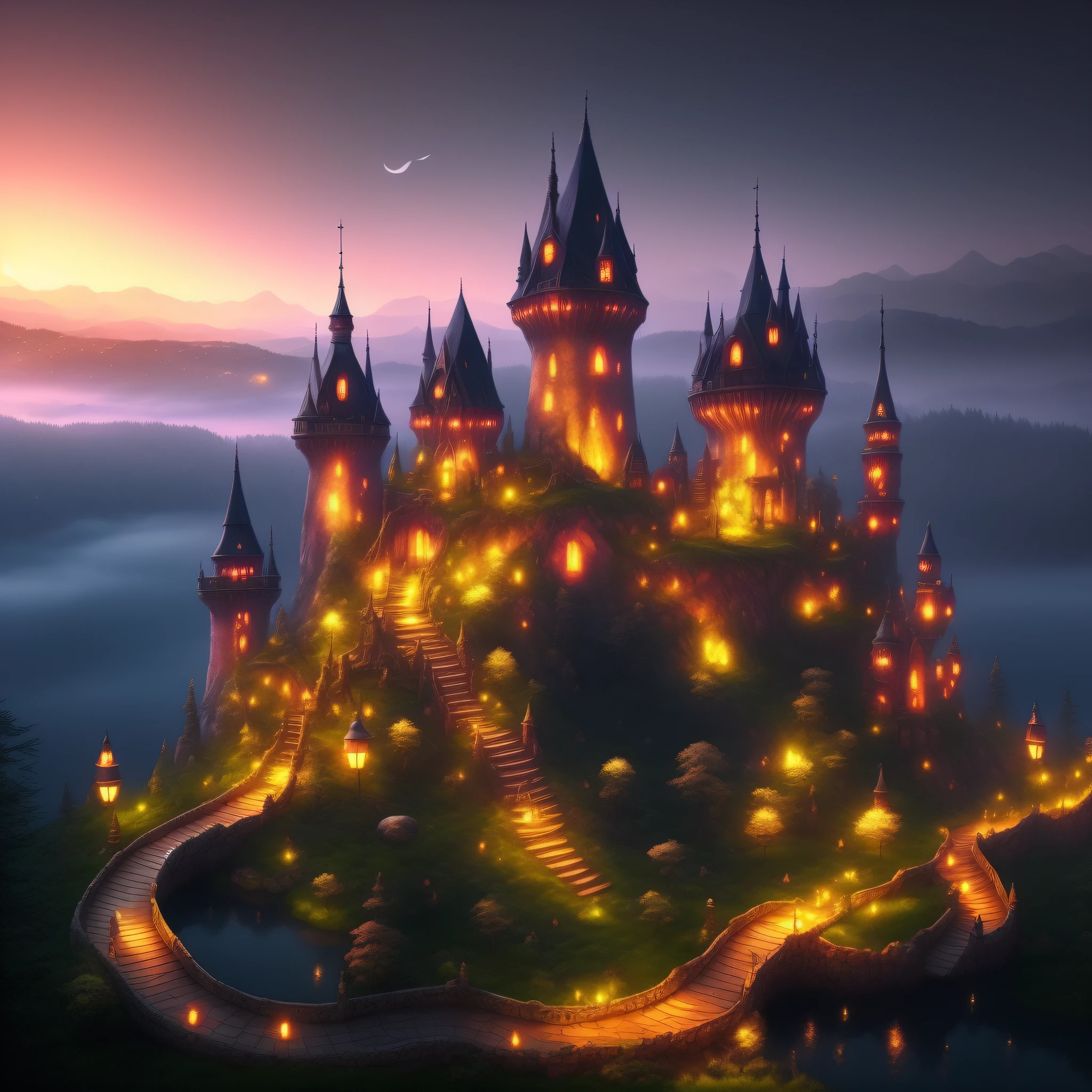 castle, giant mushrooms, glow, glow, fog, fantasy world, road, lake, ridiculously realistic, ridiculously detailed