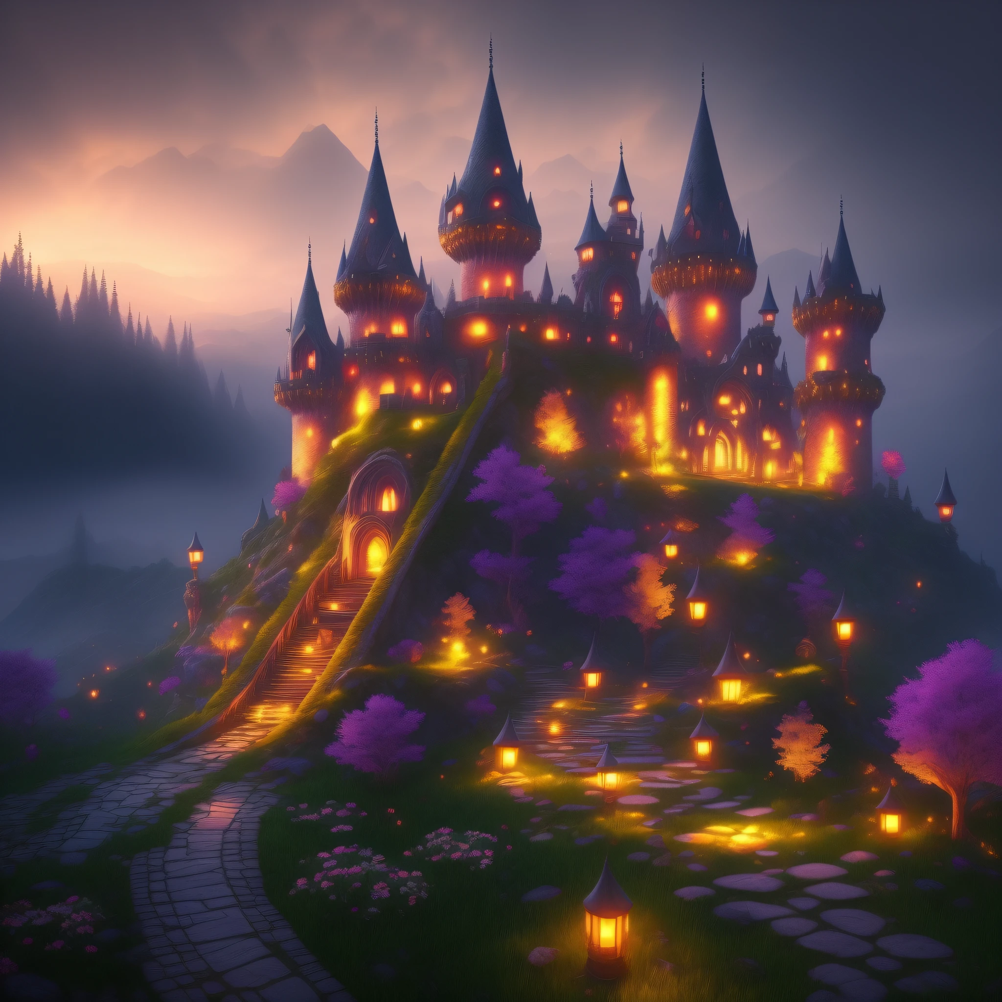 castle, giant mushrooms, glow, glow, fog, fantasy world, road, lake, ridiculously realistic, ridiculously detailed