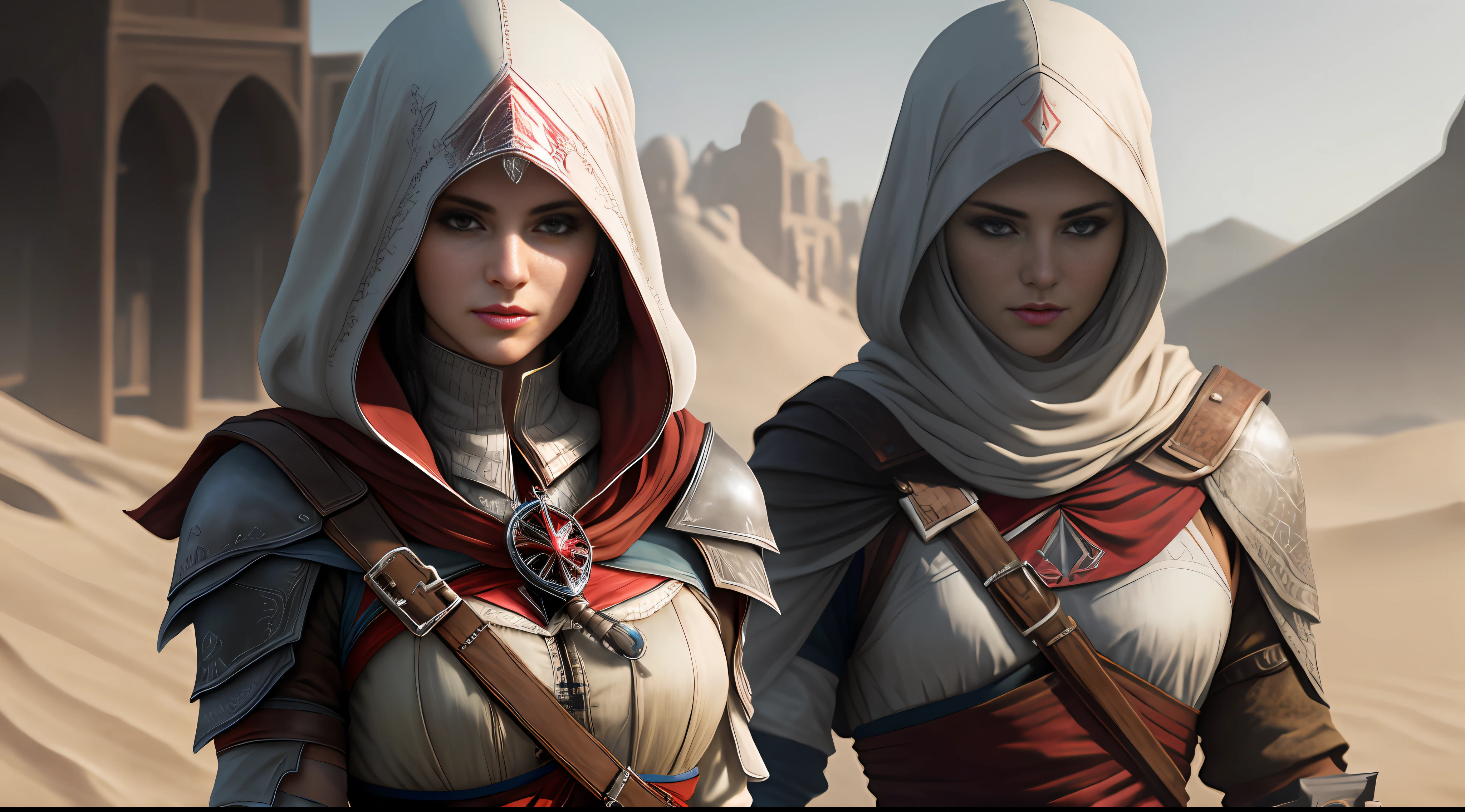 assassins creed Mozhdah Jamalzadah, gorgeous face, gorgeous eyes, bulky big chests, sensual, super realistic, well detailed face without distortions, epic image in best possible resolution, 8k, very realistic, depth of field, a work of art, whole body, desert, dust, sweat, lots of sweat, provocative poses, posing, photography style, rendered in 8K resolution for high quality details, perfect anatomy, hands with 4 fingers and 1 thumb, rendered in 8K resolution for high quality detail, 8K image quality, 8K high resolution image, hyper detailed, super realistic, intricate details