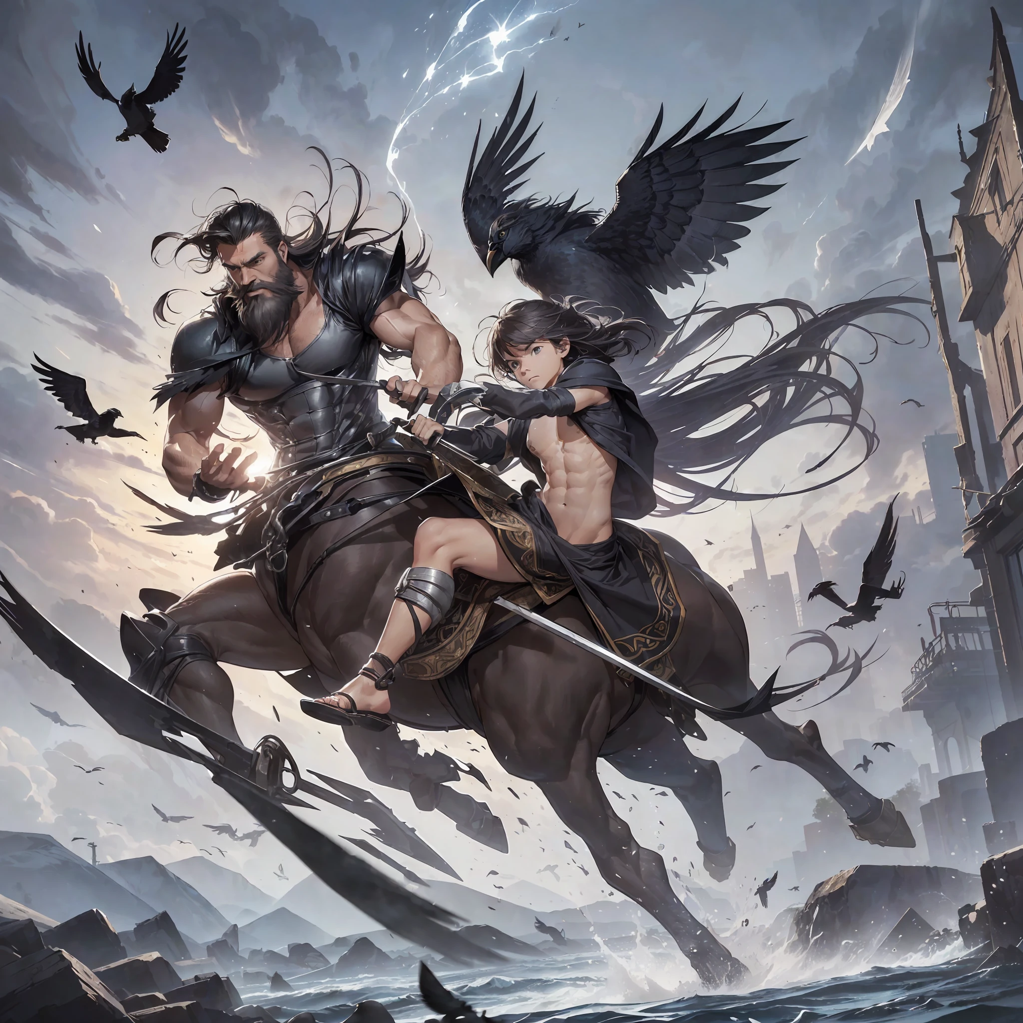 ( masterpiece, best quality, high resolution) , (( a grown up handsome man, 40-years-old)) , (( riding a horse, coming from inside a Hurricane)) , ((( adult male ))) , (( storm, strong wind, thunderbolts, dark clouds, swords )), (( shirtless, beefy, manly, rugged, beard, short hair )) , (( silver kilts, sandals, crows )) , ((( many crows flying ))) , 32k, ( vector art, cartoon ) , ((( kids, minors, underage, ager, too young ))), (((woman, female, delicate, androginous, asian ))) (( deformed, bad limbs, bad anatomy, distorted, ugly, mutated, bad hands )) --auto --s2