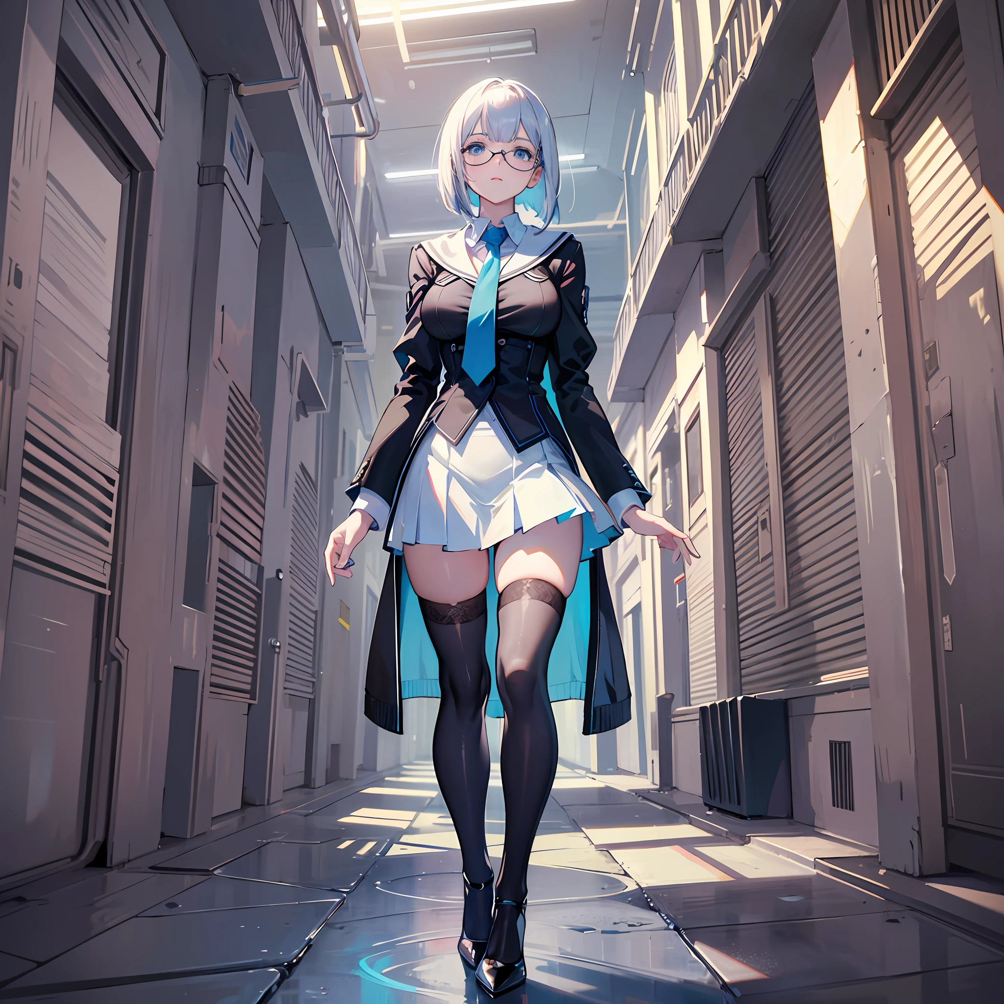 From below, standing legs, arms crossed, intelligent beauty, black glasses, light blue sexy underwear, black knee-high socks, white open chest cardigan, flared miniskirt, high heels, white shiny long bob cut, high-rise cut, mullet hairstyle, shiny shiny blue big eyes, shiny lips, big breasts, abs, slender, full body, high resolution, top quality, Very high image quality, super detail, ultra-realistic, 3D, anime, manga, illustration, fantasy