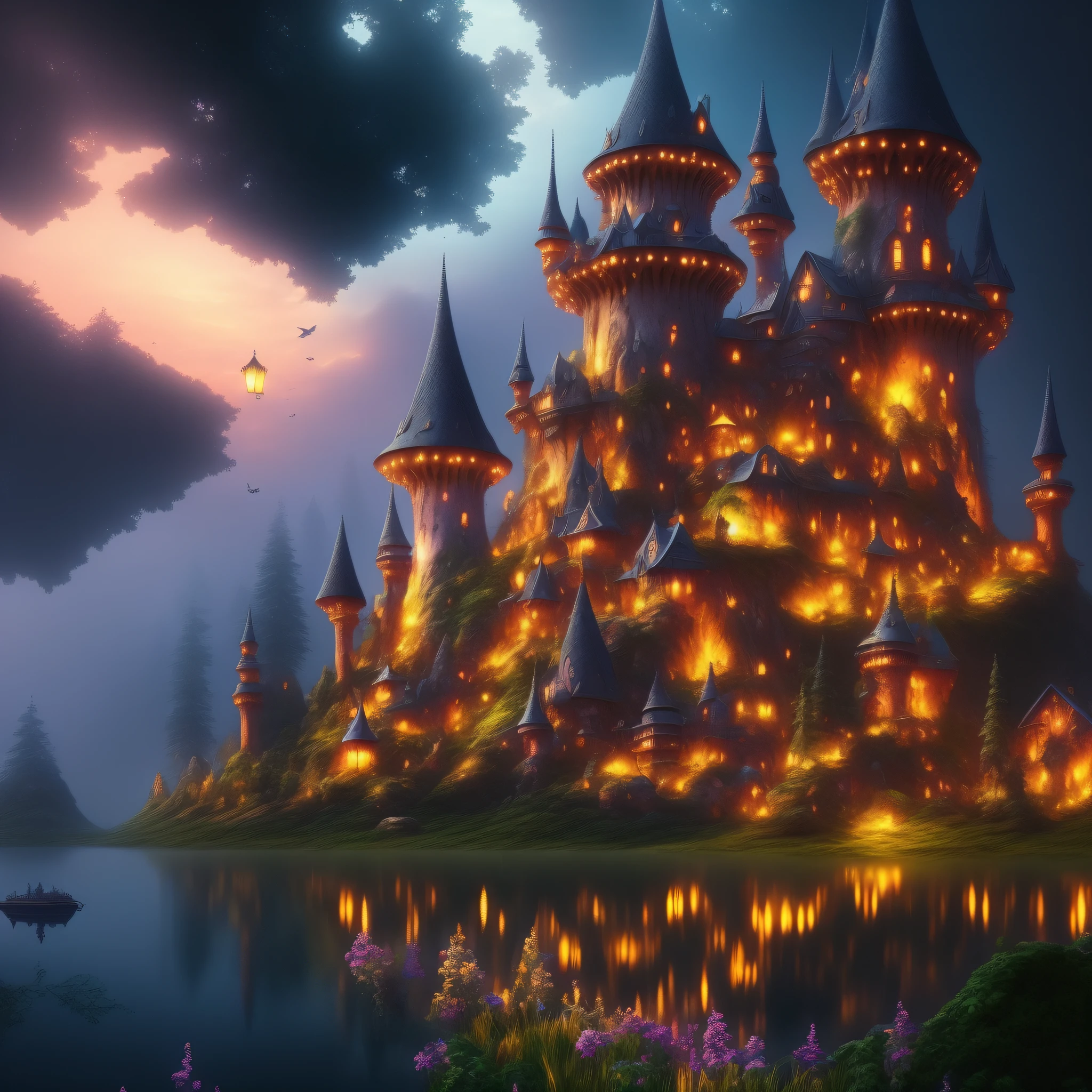 castle, giant mushrooms, glow, glow, fog, fantasy world, road, lake, ridiculously realistic, ridiculously detailed