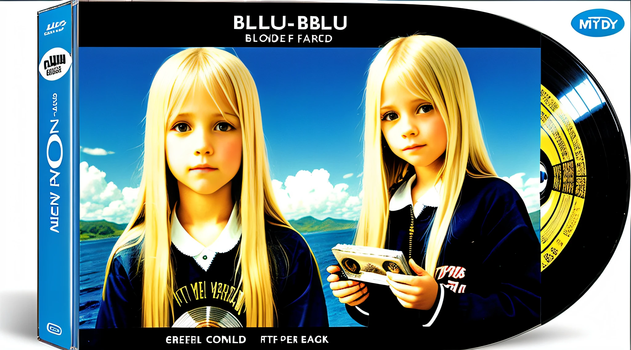 BLONDE CHILD GIRL WITH STRAIGHT LONG HAIR, holding a cd in front of her face, CDs, her face on discs, digitally remastered, polished : :, an album cover, DVD, VTM, subtitles, CD, album cover!, photo portlet, - me, Alexa Grace, digital image, music video, steam, 3-D, 3-D, Blu-ray transfer