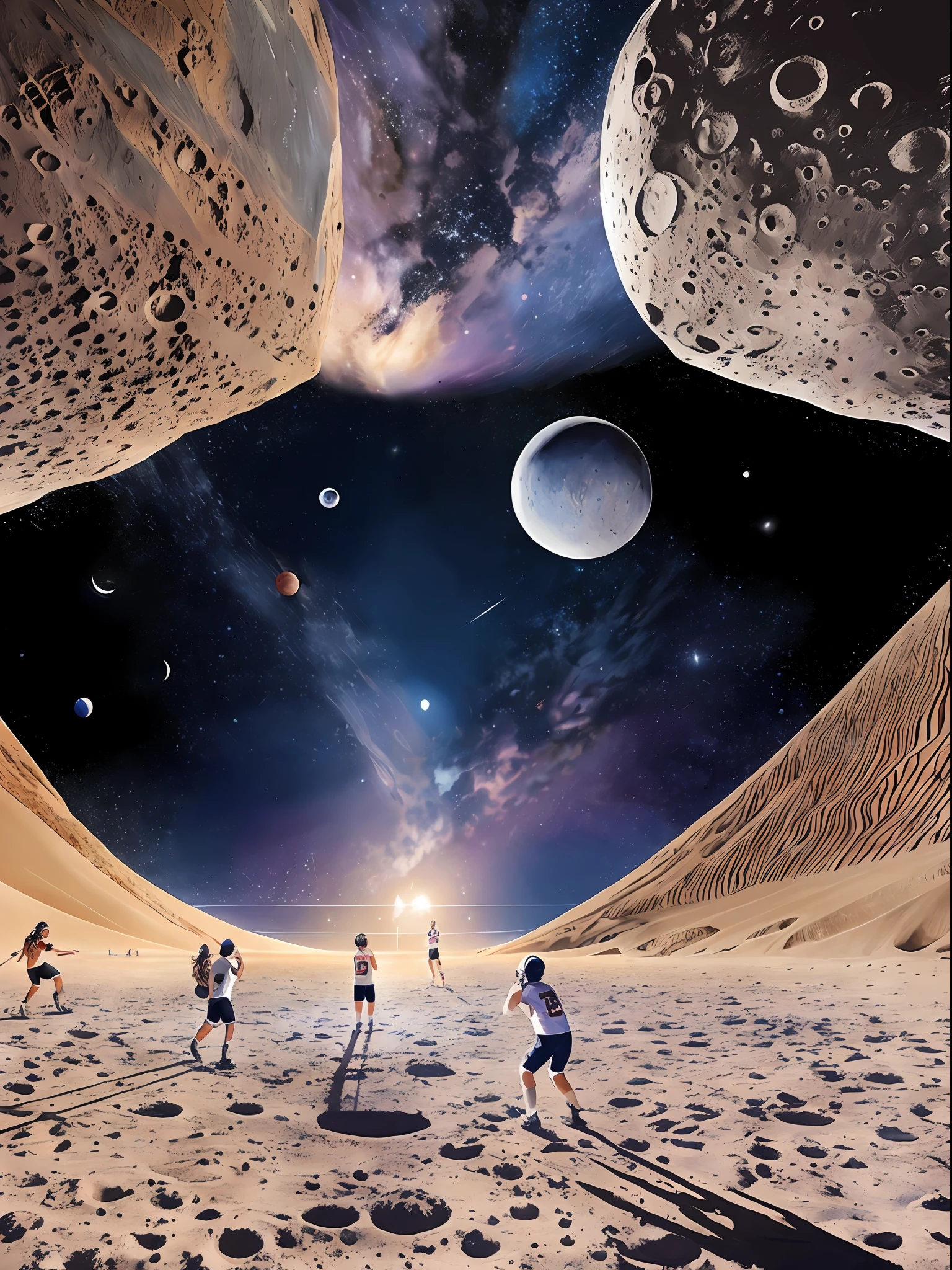 oil painting of volleyball players playing a game in the crater of the Moon with space full of stars and planet Earth visible in space. Impressionist movement --auto --s2