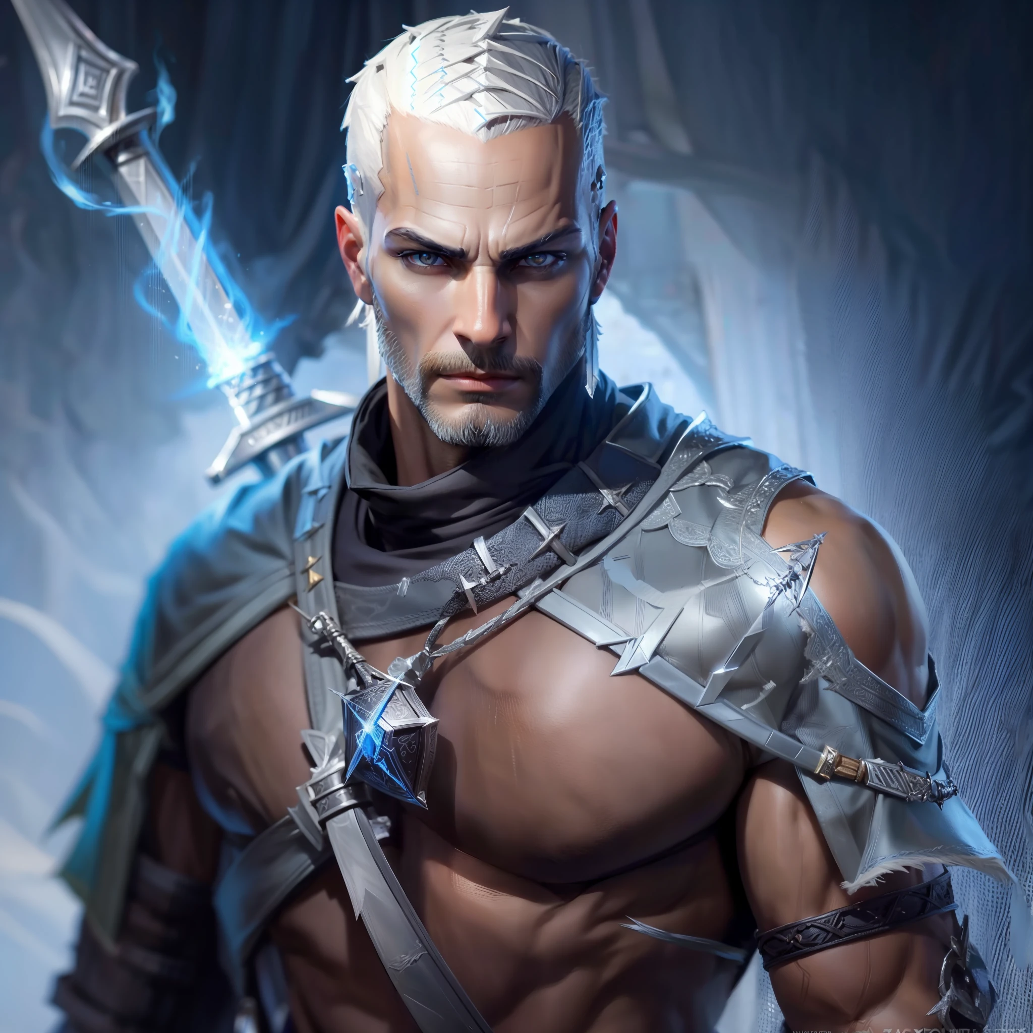 Create 1 wizard man, with sword, from The Witcher universe, strong, young, handsome, short black hair shaved on the side(dark hair), straight face without hair on the face(no beards), white skin, full body, beautiful, 8k quality, realistic, detailed face, realistic, well detailed eyes(realistic eyes) muscular