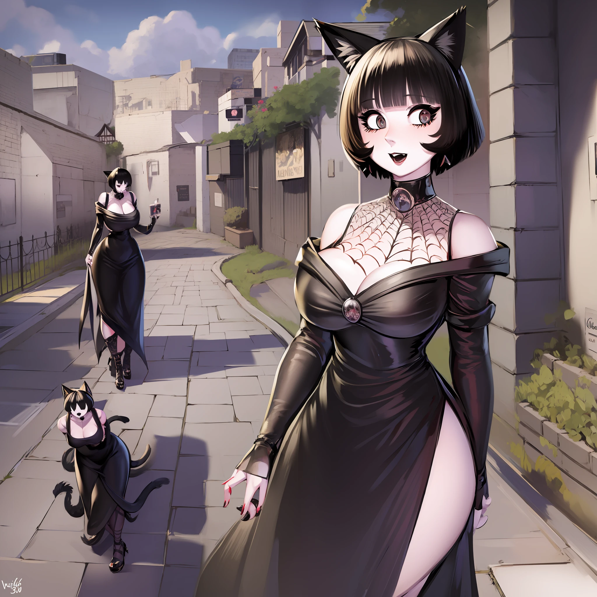 catgirl, short hair, black hair, cat ears, long nose, pale skin, long dress, black dress, victorial clothes, walking, portrait, 1character, medieval village, goth, no comic