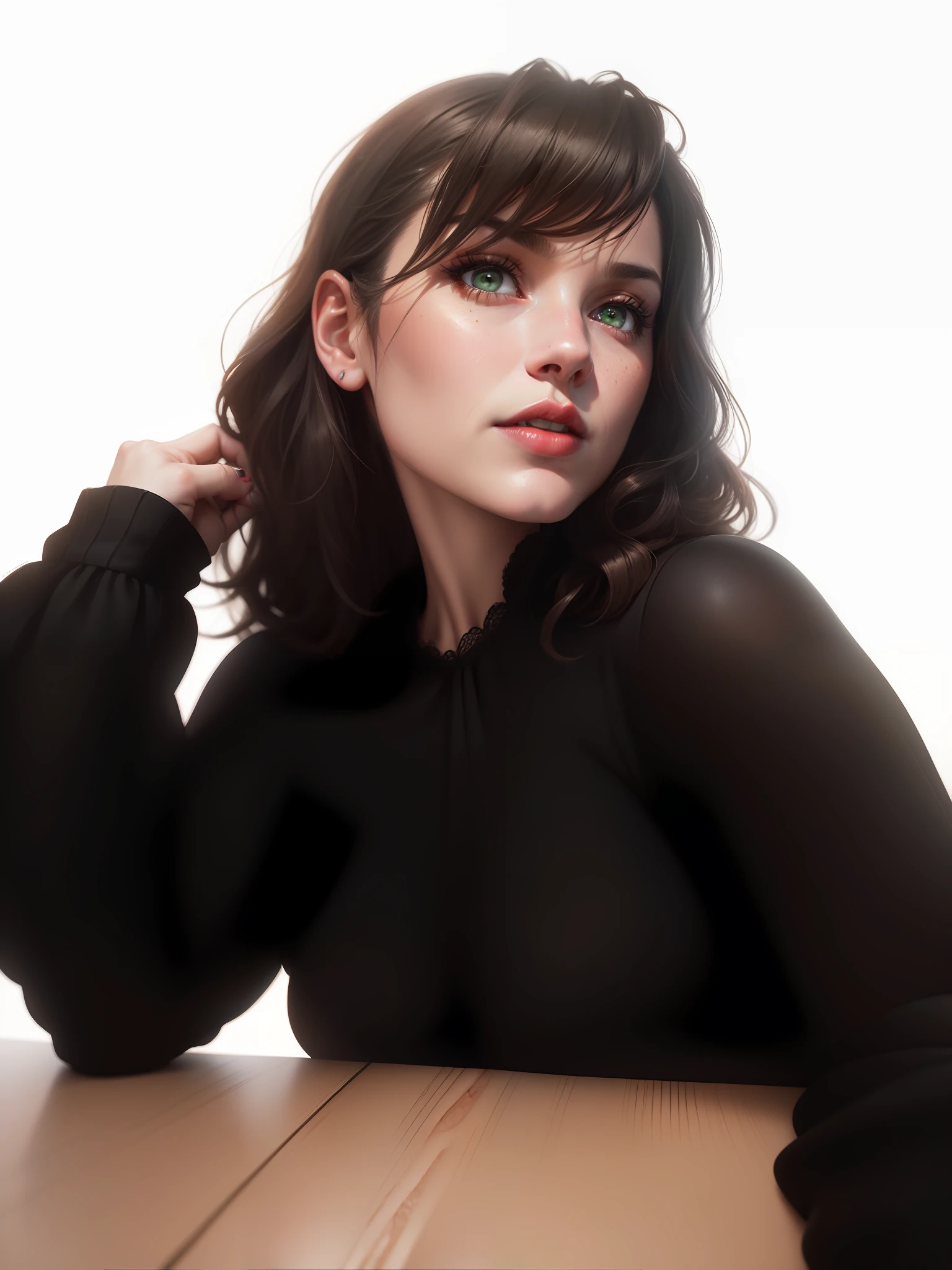 red lips, green eyes, décolleté, medium breasts, photorealistic, photo, masterpiece, realistic, realism, photorealism, high contrast, photorealistic digital art trending on Artstation 8k HD High Definition Detailed Realistic, Detailed, Skin Texture, Hyper-Detailed, Realistic Skin Texture, Armature, Best Quality, Ultra High Resolution, (Photorealistic: 1.4),, High Resolution, Detailed, Raw Photo, Sharp RE, Lee Jeffries Nikon D850 Film Photography 4 Kodak Portra 400 F1.6 Lens Rich colors Hyper-realistic realistic texture Dramatic lighting UnrealEngine trending on ArtStation Cinestill 800, --auto --s2