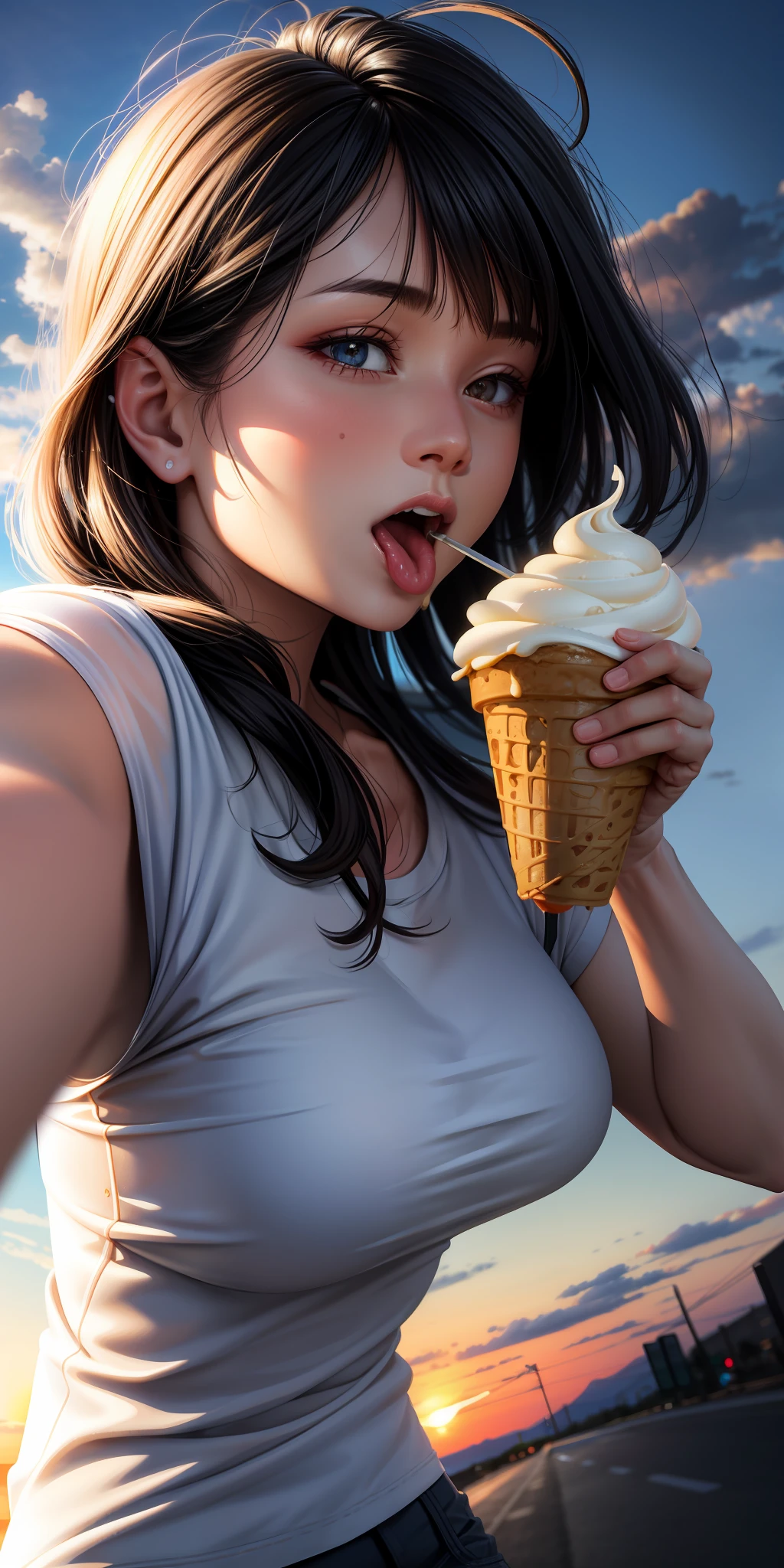 realistic, woman, selfie, wide mouth, licking, soft serve ice cream, face zoom, background sunset