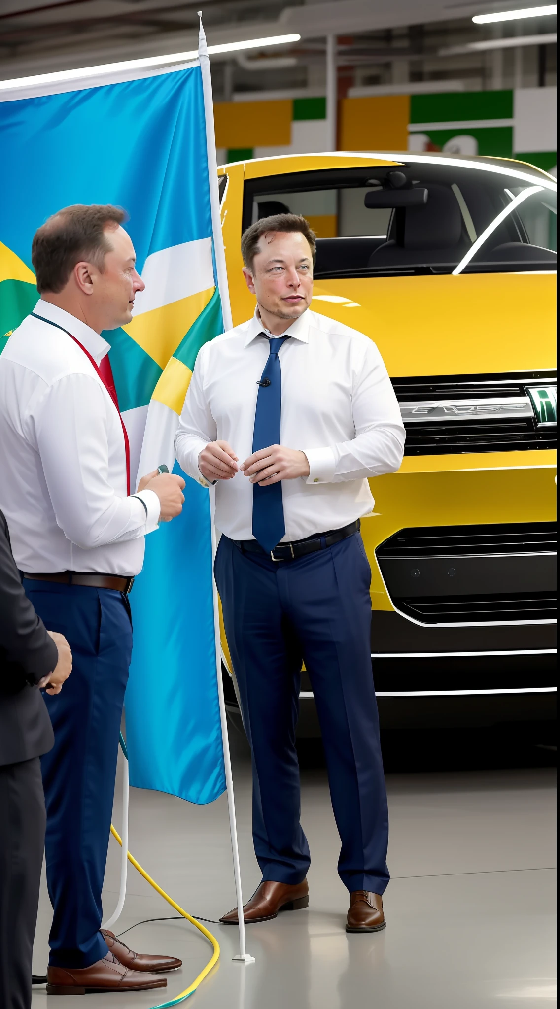 (high quality: 1.2), (light: 1.2), (brightness: 0.5), Elon Musk as president of Brazil, president's banner, flag of Brazil, on a visit to an electric vehicle factory, highlighting the importance of sustainable mobility and encouraging the automotive industry, realistic, 8k.