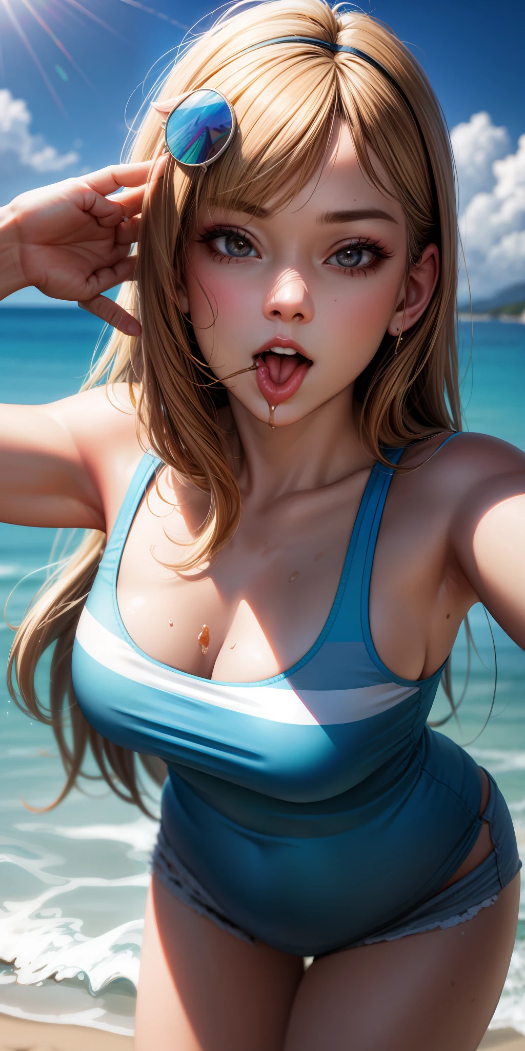 realistic, woman, selfie, wide mouth, licking, soft serve ice cream, face zoom, background sea