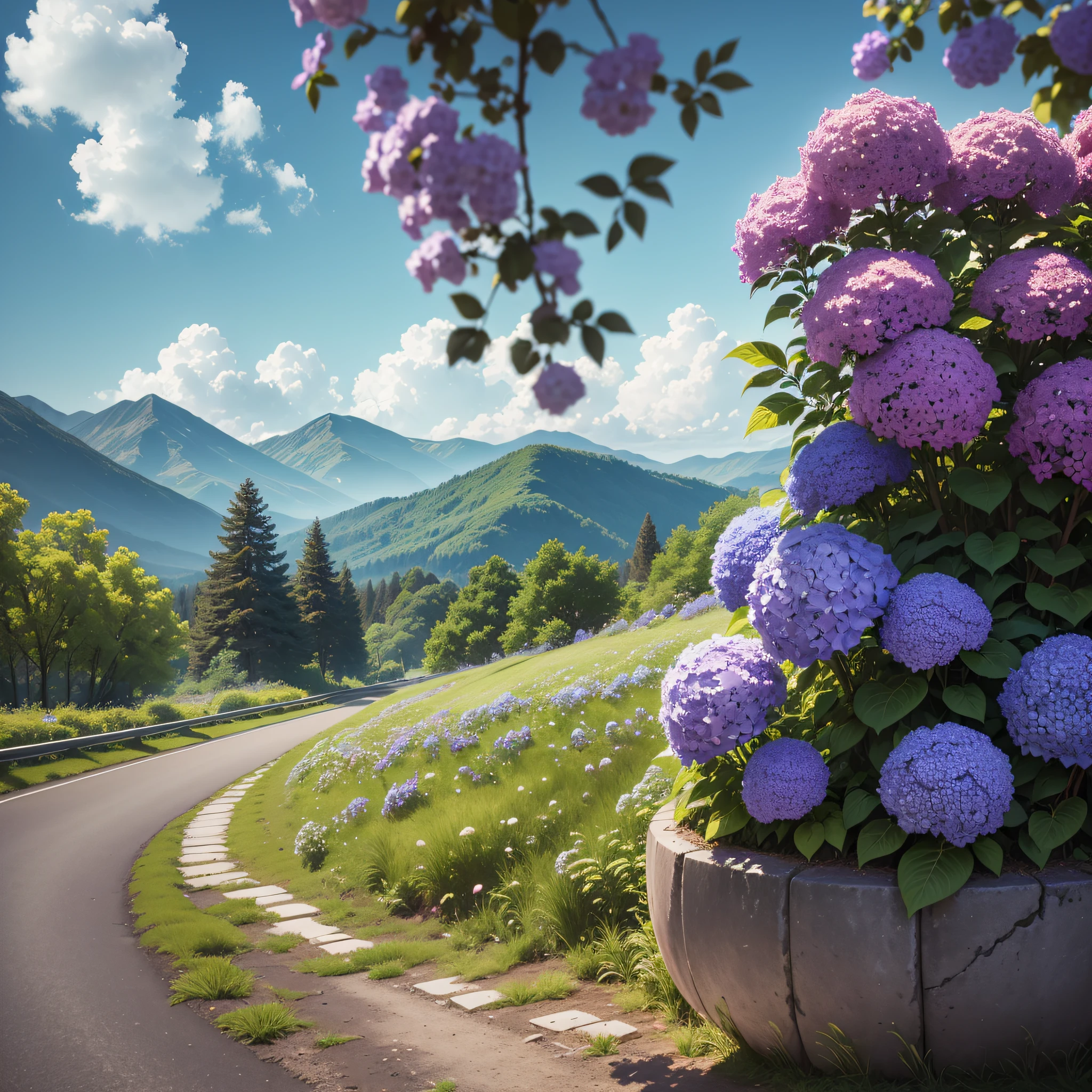 (ultra high res,photorealistic,best quality,photo-realistic),(8k,raw photo,best quality,masterplece),(photon mapping,radiosity,physically-based rendering,automatic white balance),real person,photograph,bridge, building, bush, city, cloud, day, door, fence, field,orest, garden, grass, house, hydrangea, mountain, nature, no_humans, outdoors, path, plant, potted_plant, purple_flower, road, scenery, sky, skyscraper, traditional_media, tree, --auto --s2