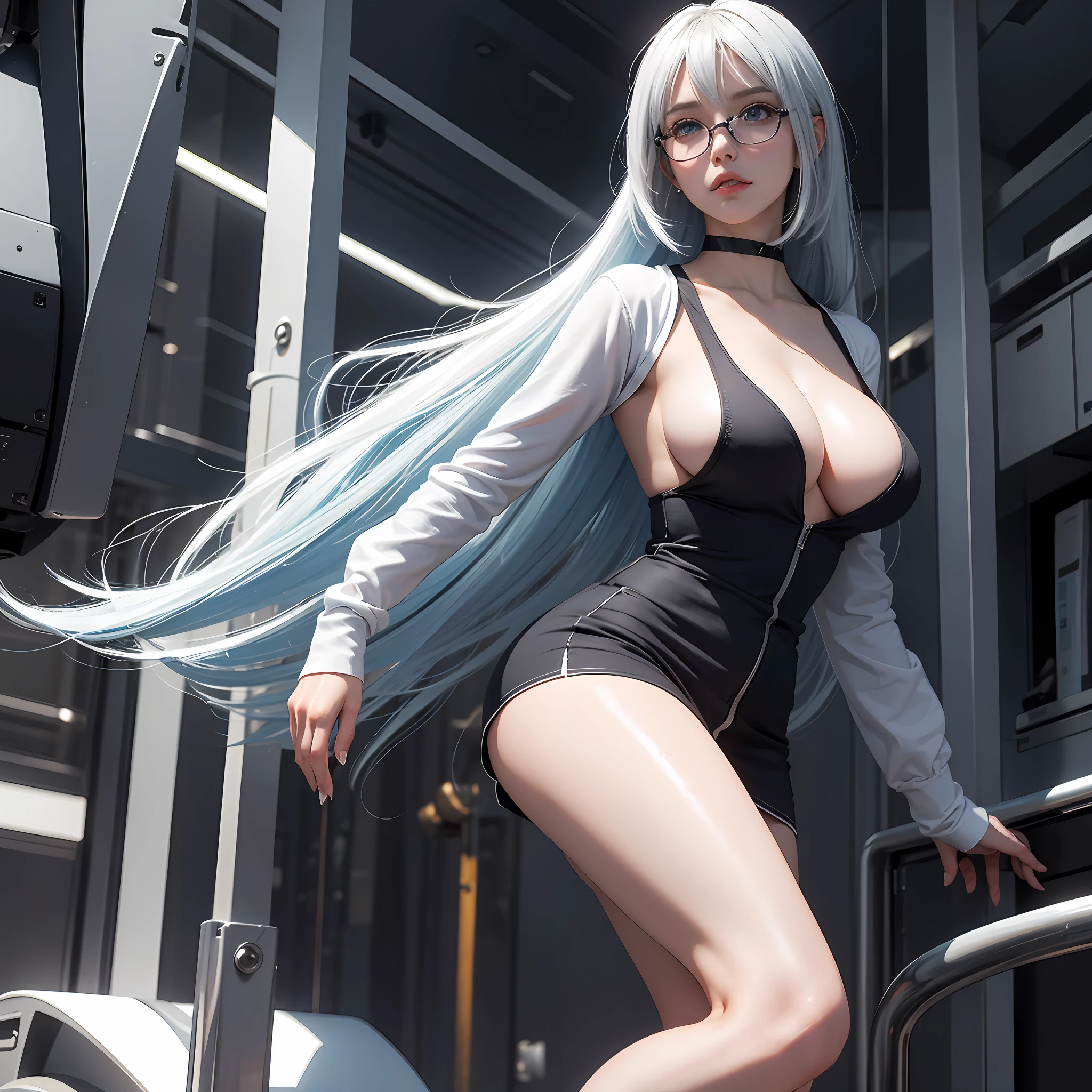 From below, standing legs, arms crossed, intelligent beauty, black glasses, light blue sexy underwear, black knee-high socks, white open chest cardigan, flared miniskirt, high heels, white shiny long bob cut, high-rise cut, mullet hairstyle, shiny shiny blue big eyes, shiny lips, big breasts, abs, slender, full body, high resolution, top quality, Very high image quality, super detail, ultra-realistic, 3D, anime, manga, illustration, fantasy