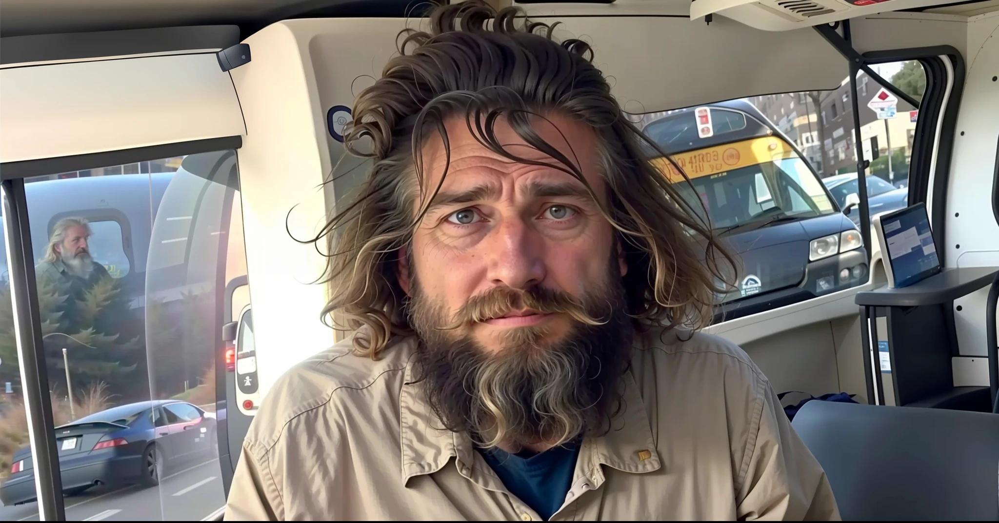 arafed man with long hair and beard sitting in a bus, a photo of a disheveled man, john liberto, photo of a 50-year-old white man, donald trump as a homeless man, he has a beard and graying hair, his hair is messy and unkempt, grizzled beard, long unkempt beard