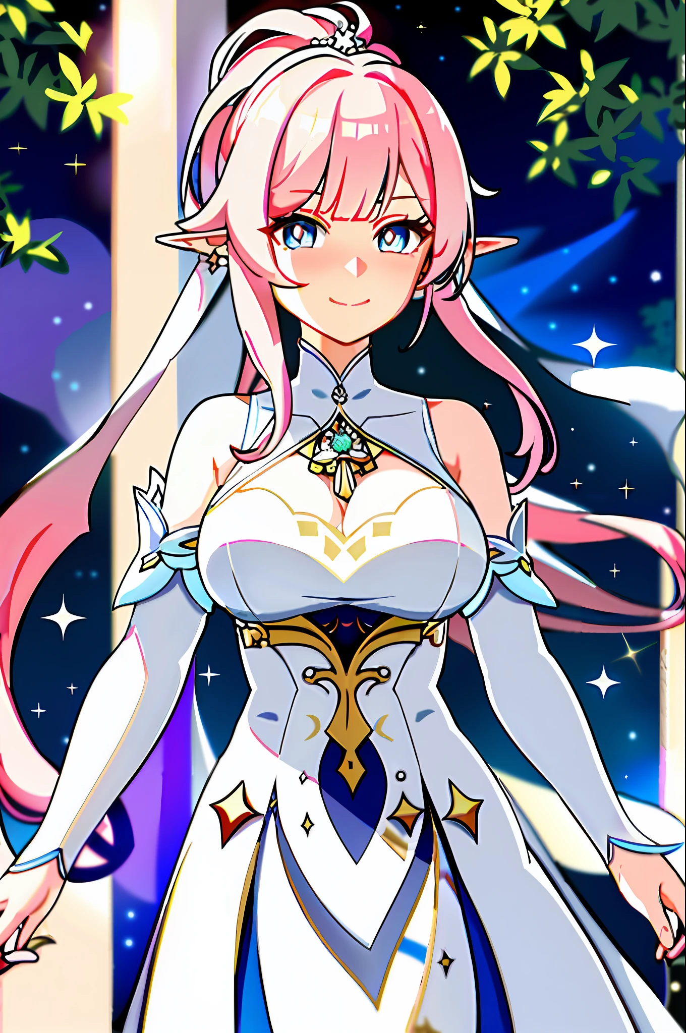 masterpiece, best quality, 1girl, solo, upper body, genshin impact, 1girl, elf ears, branch, large breasts, half-open mouth, elysia, huge breasts, large breasts, massive breasts, elysia (Honkai Impact), jewelry, long hair, huge dress, floating, flying, angelic, ponytail, blunt bangs, looking at viewer, ear cuffs, breasts, elegant white dress, elegant dress, white dress, long flowing dress, long dress, flowy dress, wedding dress, goddess, sparkles, stars, serene, elegant, beautiful, big smile, pink hair, blue eyes, pink pupils, pink pupils, blue eyes, pink pupils, sidelocks, smile, solo, dynamic pose, genshin,
