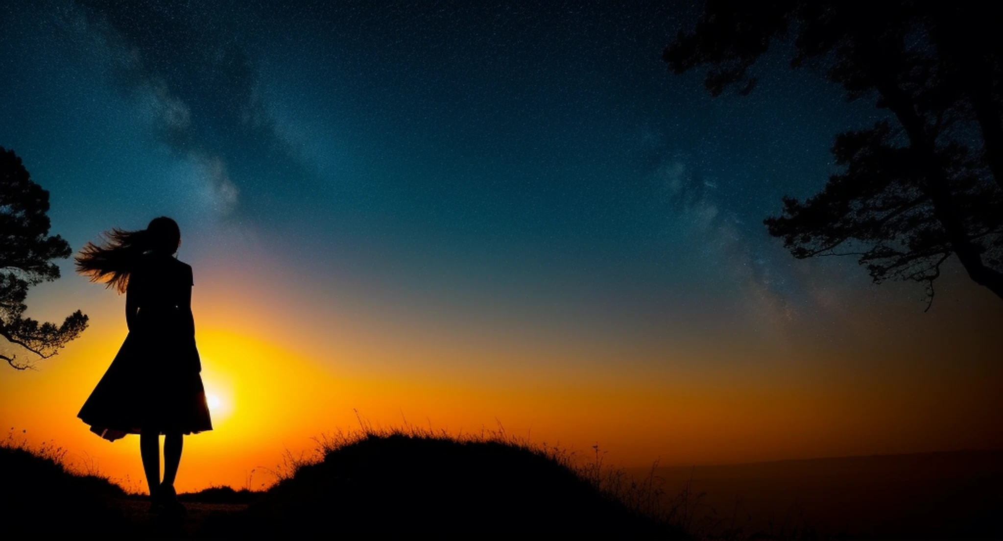 An image of the silhouette of a girl on a narrow path, with a bright light on the horizon, symbolizing the inner journey in search of the meaning of life.