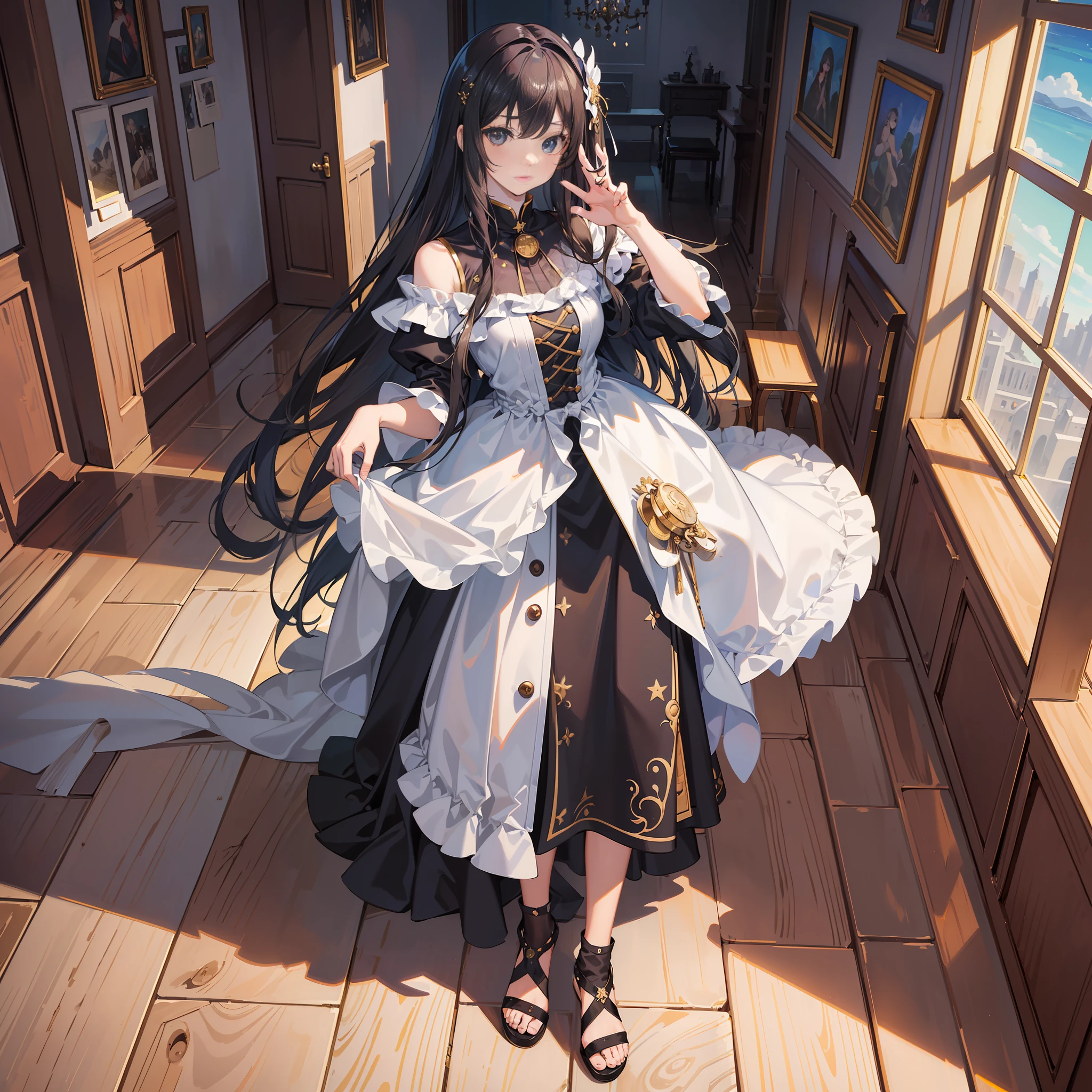 round image,(masterpiece:1.3), (the best quality:1.2), (super fine illustrations:1.2), (Masterpiece), high quality, high detail,(SOLO:1.4),((round image)),[(game character portrait:1.2):5], {1 girl},{solo},(((full body))),{{{only five fingers}}},long hair,whole body,look at viewer, from above,(hide hands:1.2),