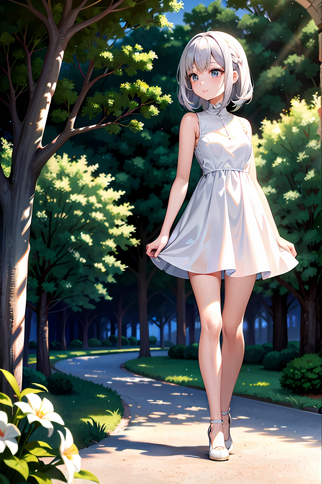 Anime girl in a sleeveless white short dress posing in a park, loli in dress, cute anime waifu in a beautiful dress, little curvy loli, white dress!! of silver hair, smooth anime CG art wearing a wonderful dress, beautiful anime girl, splash art anime loli, cute elegant pose, pretty anime girl wearing a flowing dress