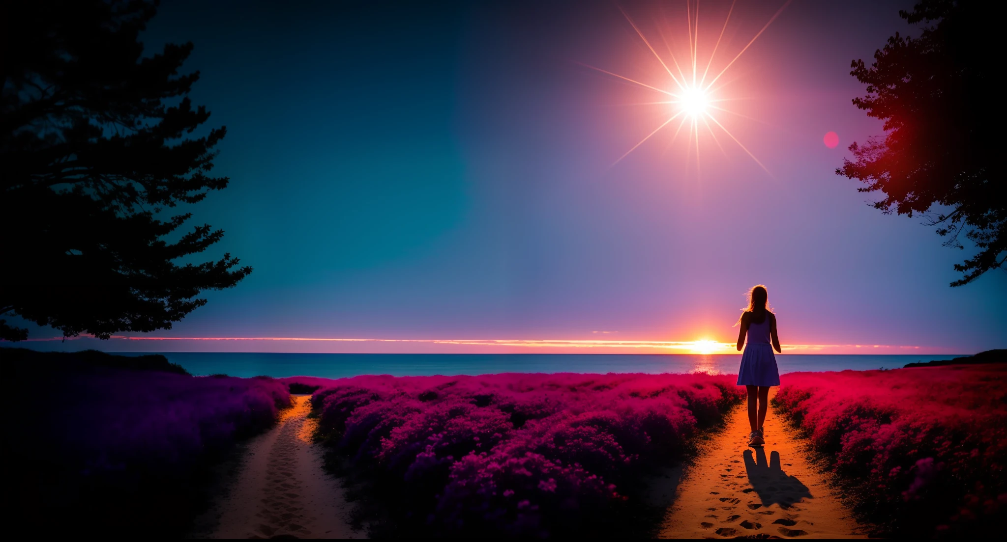 An image of the silhouette of a girl on a narrow path, with a bright light on the horizon, symbolizing the inner journey in search of the meaning of life.