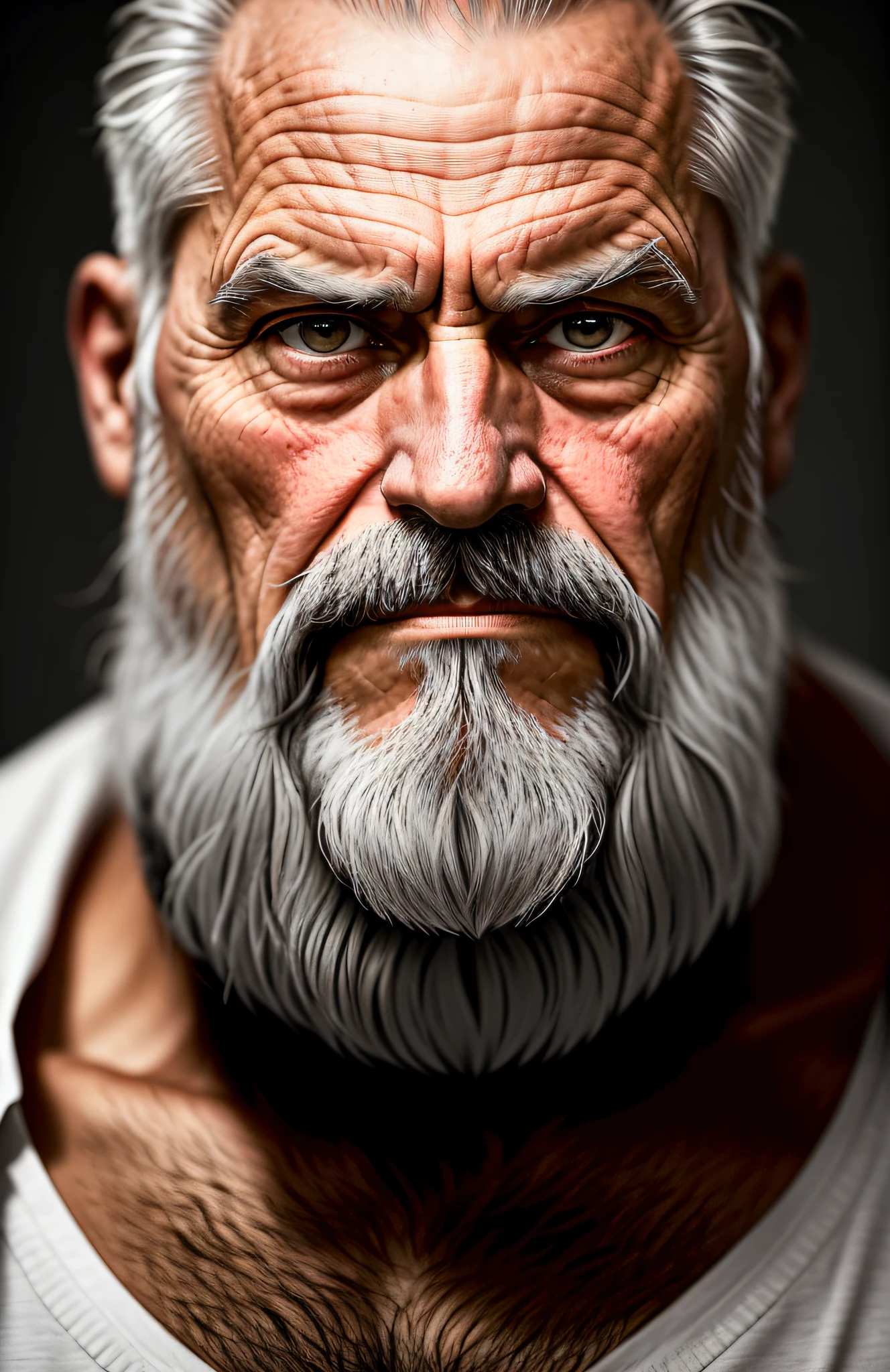 an all-realistic body image of an old man with a gray beard, intense look, that old man is the philosopher Seneca