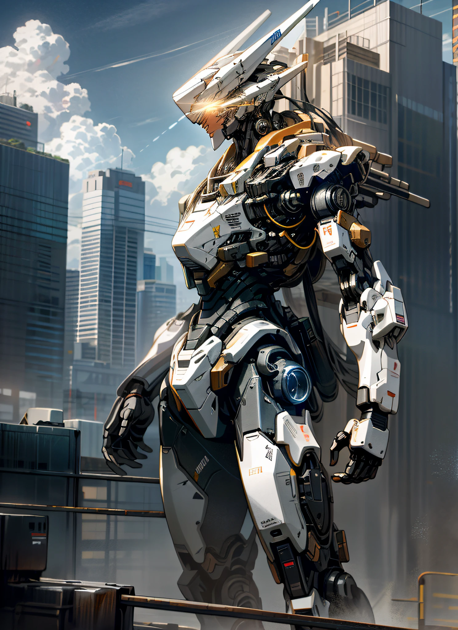 sky, cloud, holding_weapon, no_humans, bright, robot woman, building, glowing_eyes, mecha, ficção_científica, city, realistic, mecha