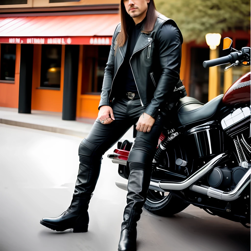 Strong man, straight hair, leather waistcoat, leather pants, boots, leaning against a harley devidson motorcycle