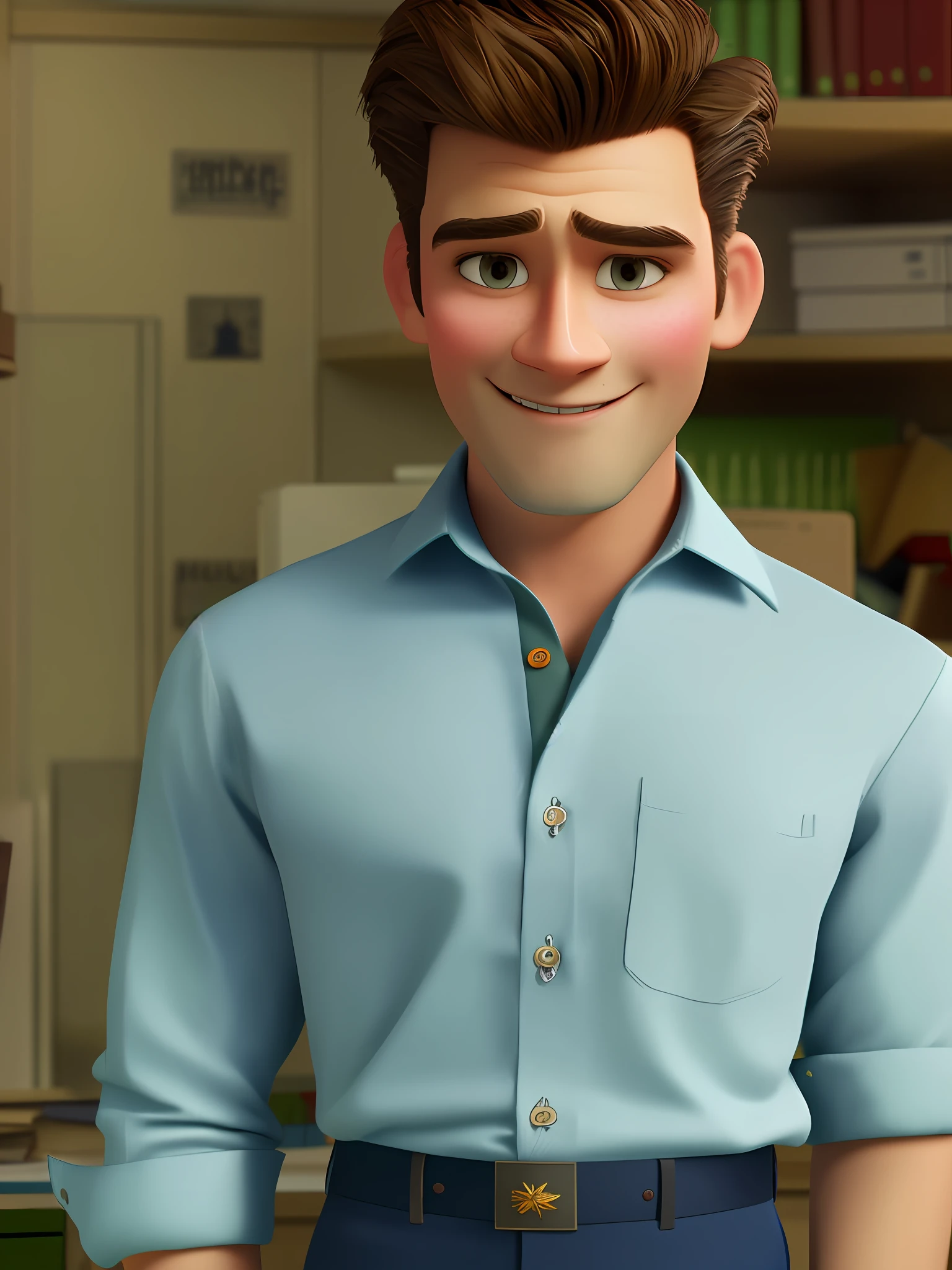 Pixarstyle waist length portrait of a young man in an office shirt, smiling, office, natural skin texture, 4k texture, HDR, intricate, very detailed, sharp focus, cinematic look, super detailed