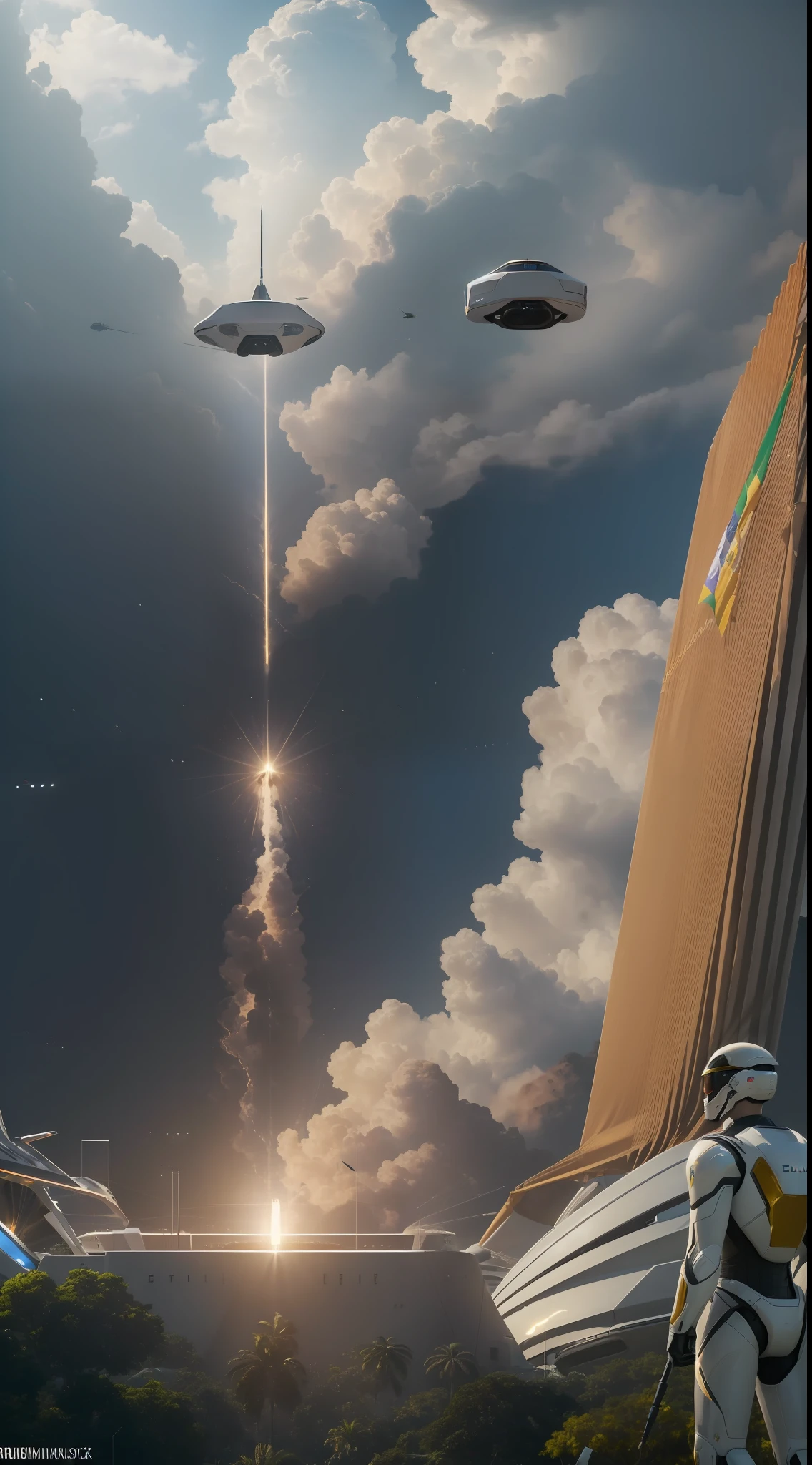 ((Realistic lighting, Best quality, 8K, Masterpiece:1.3)), Focus:1.2, Elon Musk taking over as president of Brazil, president's banner, flags of Brazil, in a futuristic inauguration ceremony, with advanced technology and robots around, transmitting innovation and vision of the future to the country, Photography, realistic.