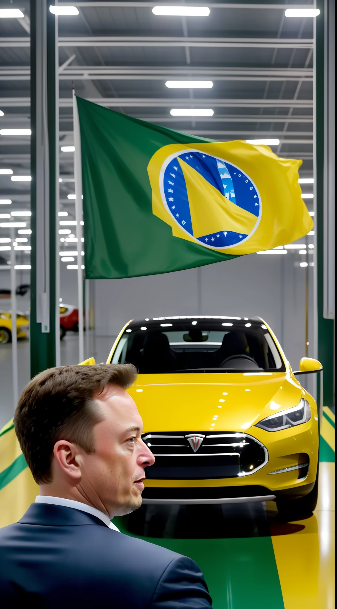 (high quality: 1.2), (light: 1.2), (brightness: 0.5), Elon Musk as president of Brazil, president's banner, flag of Brazil, on a visit to an electric vehicle factory, highlighting the importance of sustainable mobility and encouraging the automotive industry, realistic, 8k.