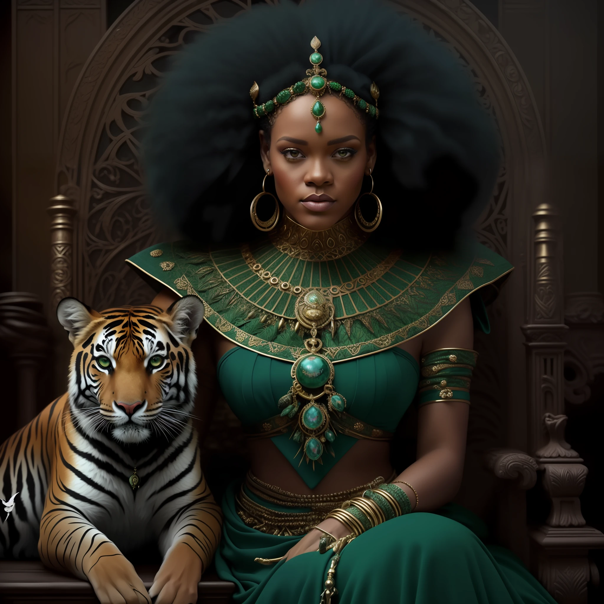 rihanna, Araffe woman in green dress sitting on a throne with a tiger, stunning african princess, black african princess, african princess, african queen, dark skin female goddess of love, a stunning portrait of a goddess, a beautiful empress fantasy, beautiful woman, kemetic, afrocentric mysticism, ((a beautiful empress of fantasy)), afrofuturist, afrofuturism style, best quality, realistic, realistic,  Award-winning illustration, (highly detailed face and skin texture), (full body), (complicated detail: 1.2), (fine detail), (complicated detail), (cinematic lights, best quality backlight), sharp lines, sharp focus, official art, unit 8k wallpaper, absurd, unbelievably absurd, huge file size, ultra- , fantasy art, RTX,((closeup photo by award-winning studio)), , (shut up),  , perfect hands, beautiful detailed eyes, Perfect Face