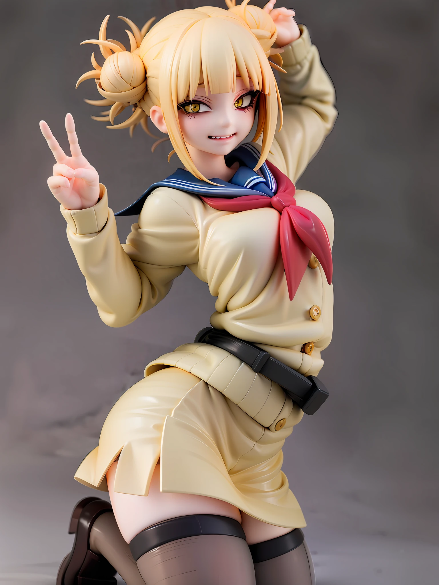 1girl,evil smile, himiko toga,blonde hair,yellow eyes,bored expressionhold a cutter, sailor uniform, facing viewer,looking at viewer,good hand,good finger,masterpiece,extremely detailed,