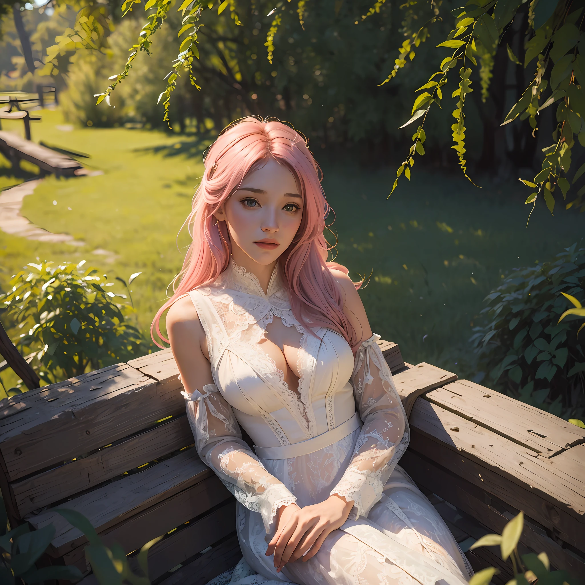 (front focus), (in the dark:1.6), Hyper-realistic female portrait of David Hockney and Alphonse Mucha, warm light colors of dawn, fantasy art, photorealistic, dynamic lighting, art station, poster, volumetric lighting, very detailed faces, 4 k, award-winning, 1girl, discreet shot, cowboy shot, (sexy lace clothing:1.4), long hair, pink hair, sunny day by the willow tree