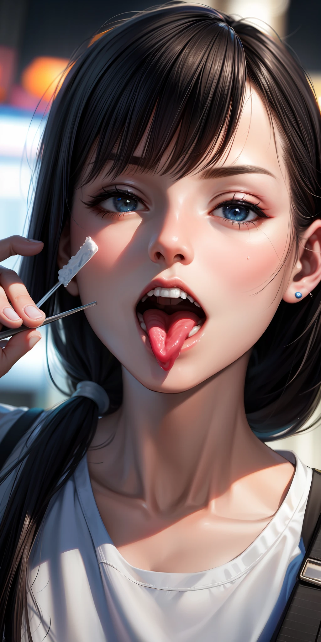 realistic, woman, selfie, wide mouth, licking, soft serve ice cream, face zoom, background night