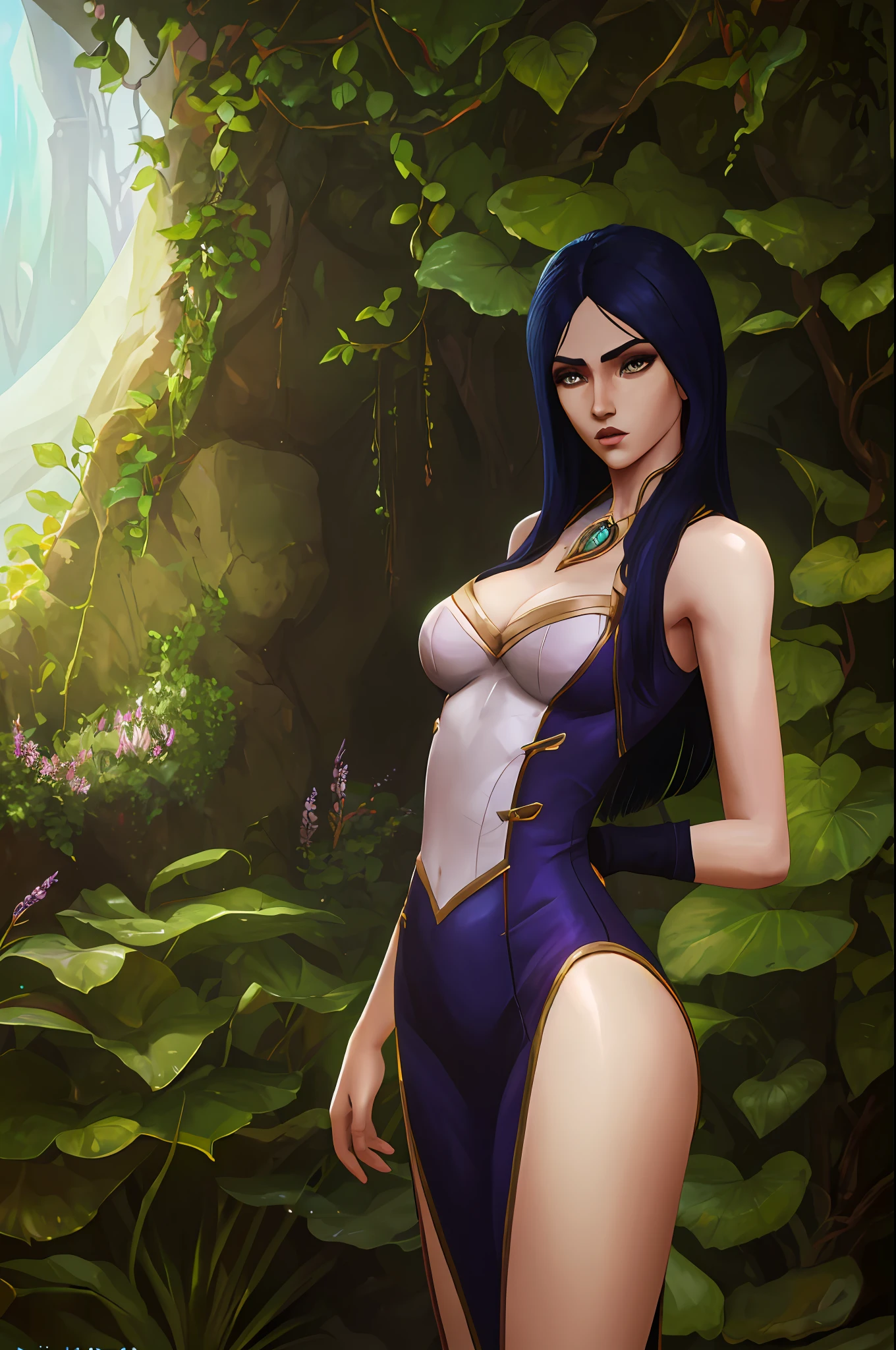 "(1girl) Morgana League of Legends, casual clothes, slender body, backlighting, butt highlight, botanical garden, daylight, smooth and shiny skin, with ultra detailed and magical quality, visible details of the clothes, discreet breasts, angelic and intense eyes."