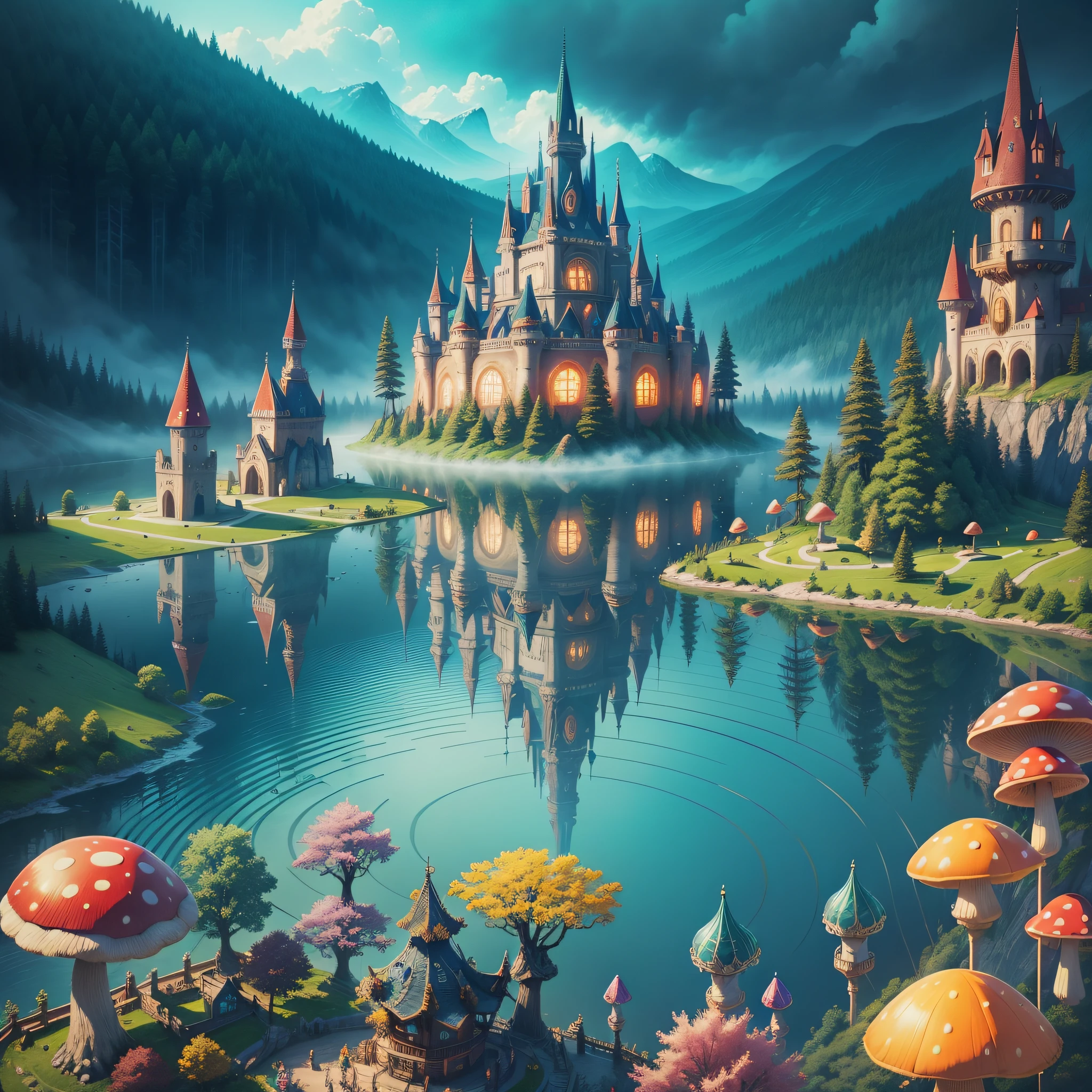 colorful world, fantasy, castle, giant mushrooms, glow, glow, fog, fantasy world, road, lake, ridiculously realistic, ridiculously detailed