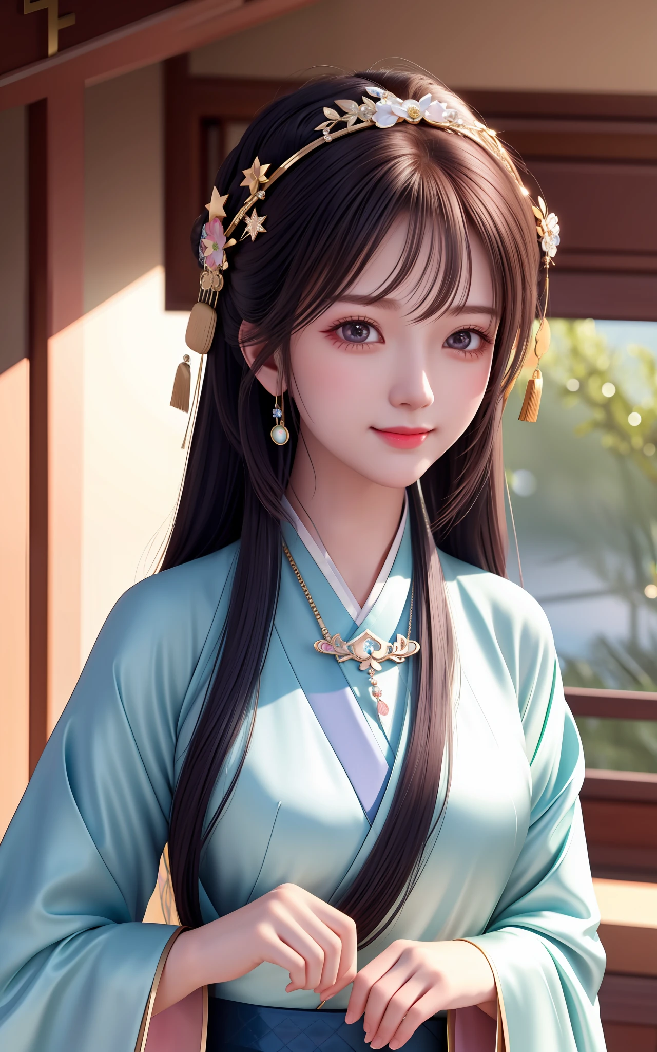 Superb Quality, Masterpiece, High Resolution, 1girl, Blush, (Seductive Smile: 0.8), Star Pupil, Chinese Hanfu, Hair Accessories, Necklace, Jewelry, Beauty, on_body, Tyndall Effect, Realism, Shadow Room, Light Edge, Two-tone Lighting, (High Detail Skin: 1.2), 8K UHD, DSLR, Soft Light, High Quality, Volume Lighting, Voyeur, Photo, High Resolution, 4K, 8K, Background Blur, Face Close-up,