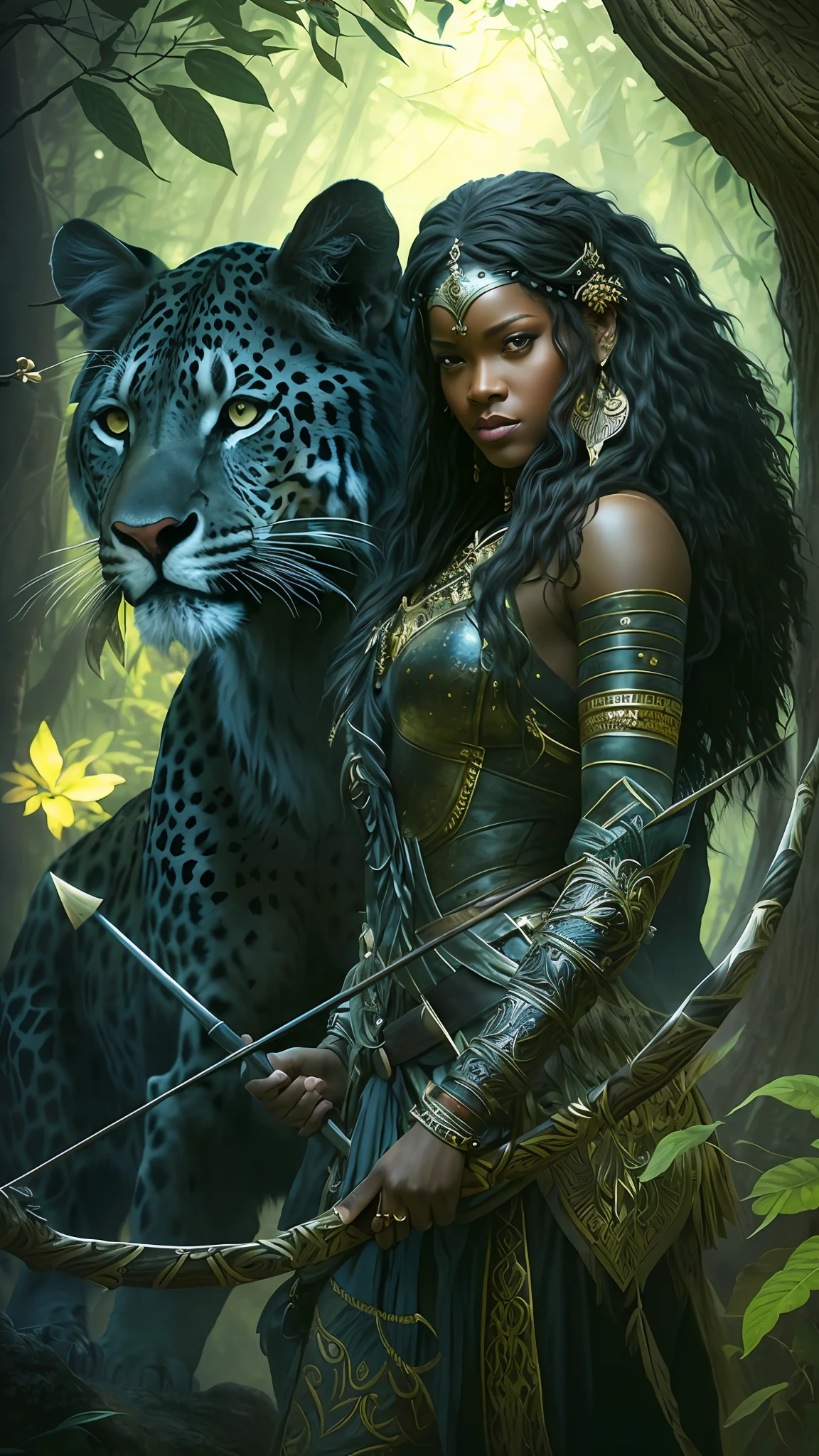 rihanna, a woman with a bow and a leopard in a forest, dark skin female goddess of love, warrior woman, queen of the jungle, a beautiful warrior woman, smooth black lioness, amazon warrior, warrior queen, warrior princess, queen of the forest, by Johfra Bosschart, fantasy art style, detailed fantasy art, warrior girl, beautiful warrior, Best quality,  realistic, realistic, award-winning illustration, (highly detailed face and skin texture), (full body), (complicated detail: 1.2), (fine detail), (complicated detail), (cinematic lights, best quality backlight), sharp lines, sharp focus, official art, unit 8k wallpaper, absurd, unbelievably absurd, huge file size, ultra- , fantasy art, rtx,((closeup photo by award-winning studio)),  , (shut up), , perfect hands, beautiful detailed eyes, Perfect Face