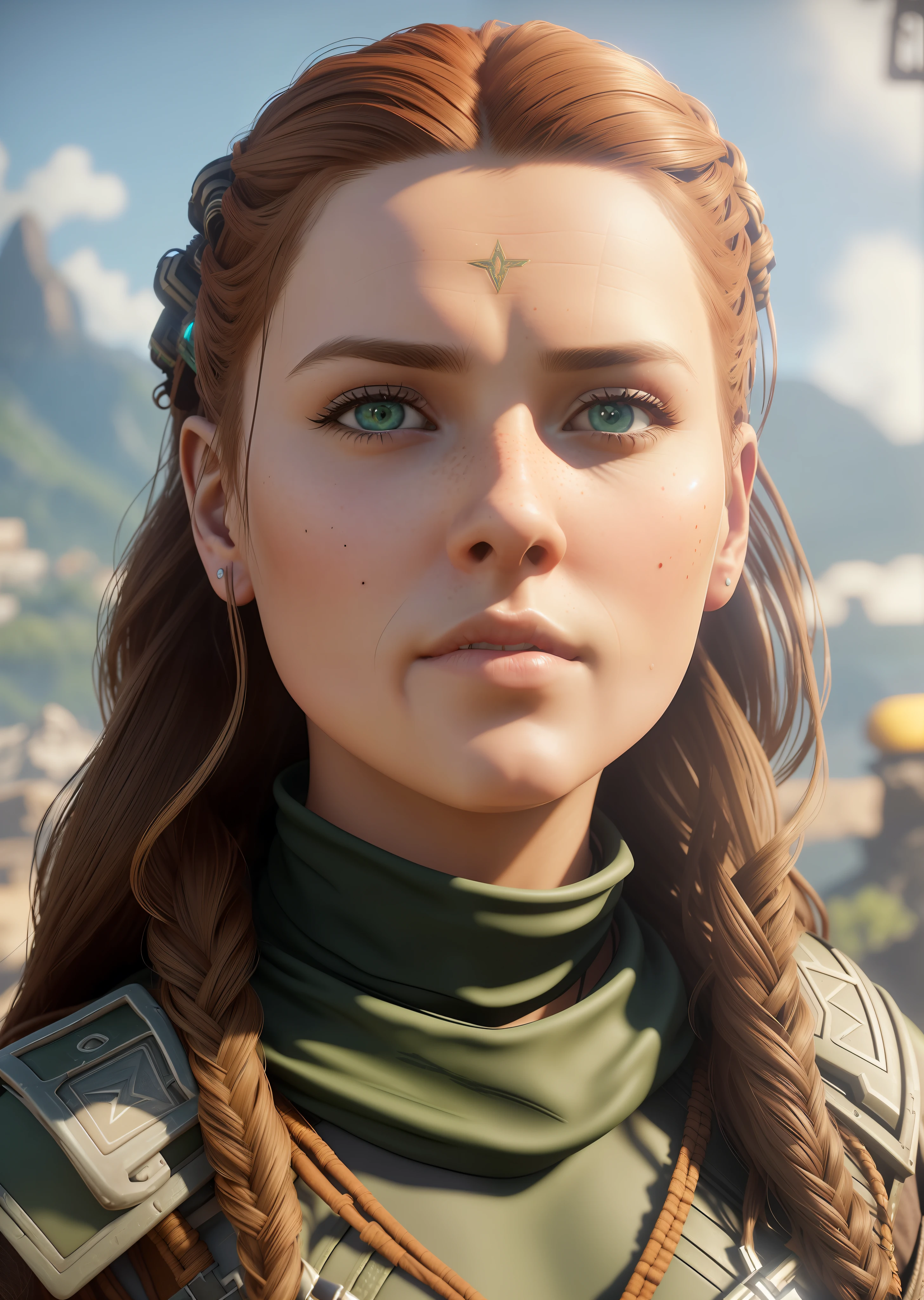 (Cinematic photo: 1. 3), Aloy (Horizon Zero Dawn) car hunter and hunter, ((full-length)), freckles on cheeks and nose, (large breasts), big ass emphasized, beautiful face, deep realism, realistic hair, detailed skin, depth of field, against Tar Cliff, perfectly symmetrical face, realistic proportions, complex, abstract, directional look, cinematic composition, super detailed, realistic, hyper-realistic, volumetric lighting, high-quality digital painting 8k, trending towards artstation, Style-RustMagic, (cute: 1.4),(attractive: 1.3), cute, calendar pose. In the green and yellow colors of Brazil 🇧🇷, in the favela of Rio de Janeiro