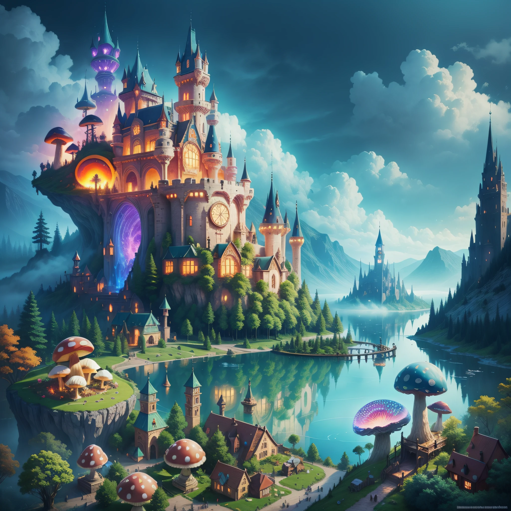 colorful world, fantasy, castle, giant mushrooms, glow, glow, fog, fantasy world, road, lake, ridiculously realistic, ridiculously detailed