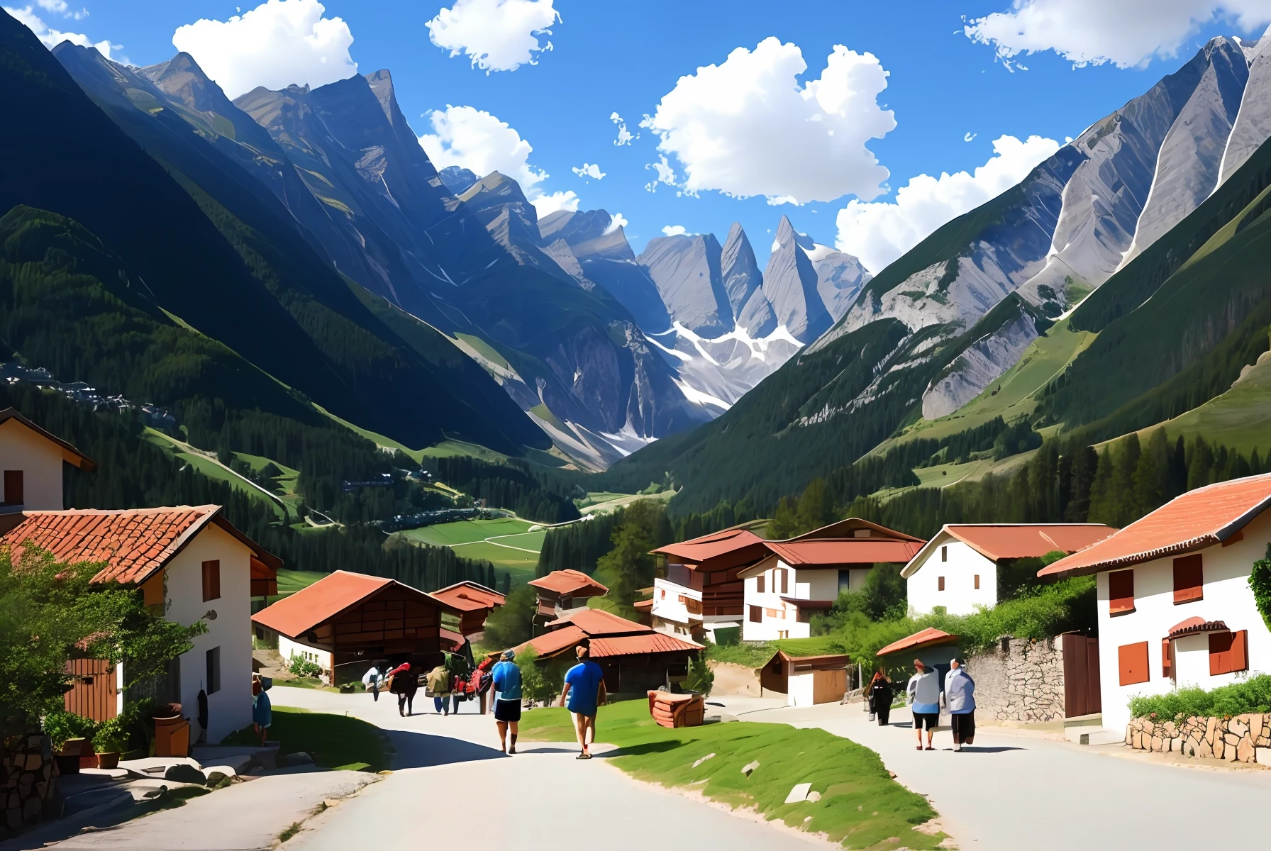 a village in a mountainous area with a mountain in the background and people walking around the village