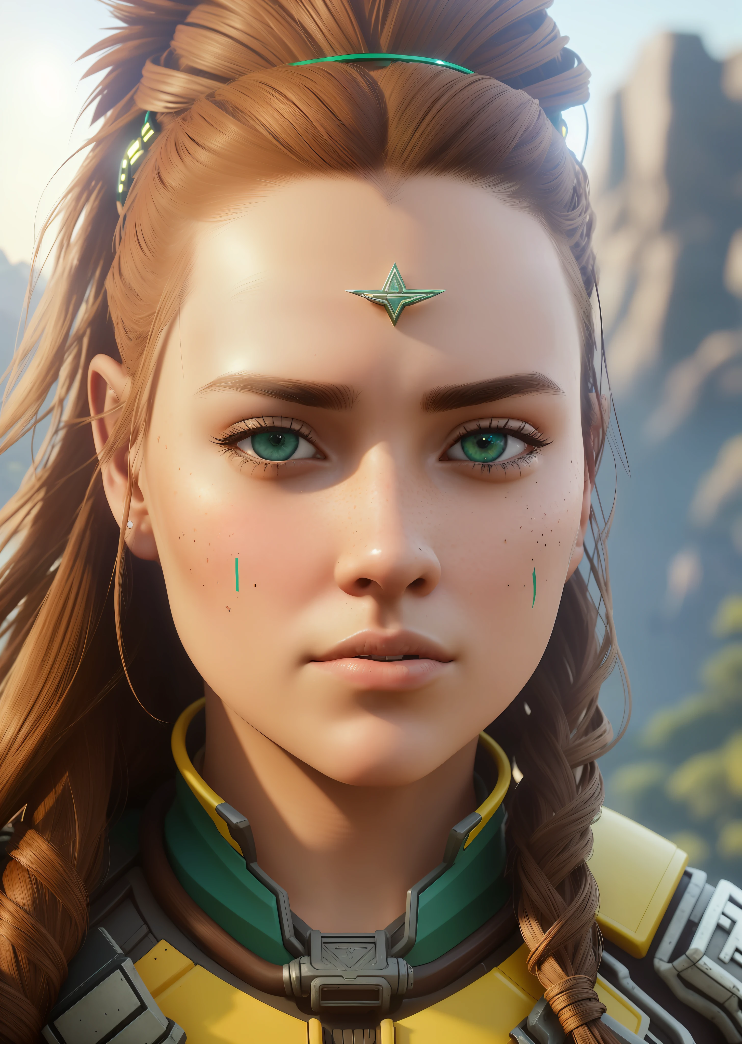 (Cinematic photo: 1. 3), Aloy (Horizon Zero Dawn)correndo nas ruas do Rio de Janeiro car hunter and hunter, ((full-length)), freckles on cheeks and nose, (large breasts), big ass emphasized, beautiful face, deep realism, realistic hair, detailed skin, depth of field, against Tar Cliff, perfectly symmetrical face, realistic proportions, complex, abstract, directional look, cinematic composition, super detailed, realistic, hyper-realistic, volumetric lighting, high-quality digital painting 8k, trending towards artstation, Style-RustMagic, (cute: 1.4),(attractive: 1.3), cute, calendar pose. In the green and yellow colors of Brazil 🇧🇷, in the favela of Rio de Janeiro