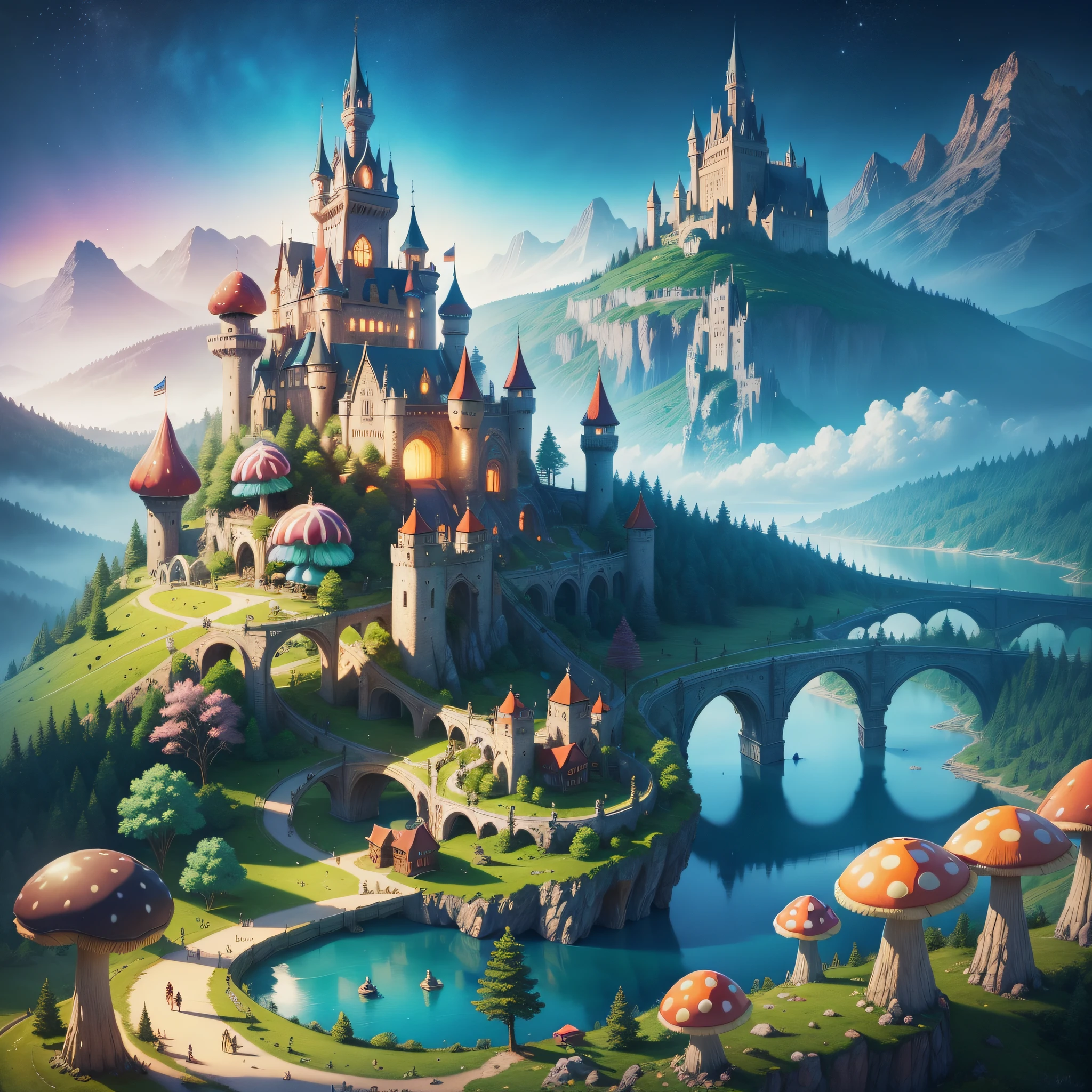 colorful world, fantasy, castle, giant mushrooms, glow, glow, fog, fantasy world, road, lake, ridiculously realistic, ridiculously detailed