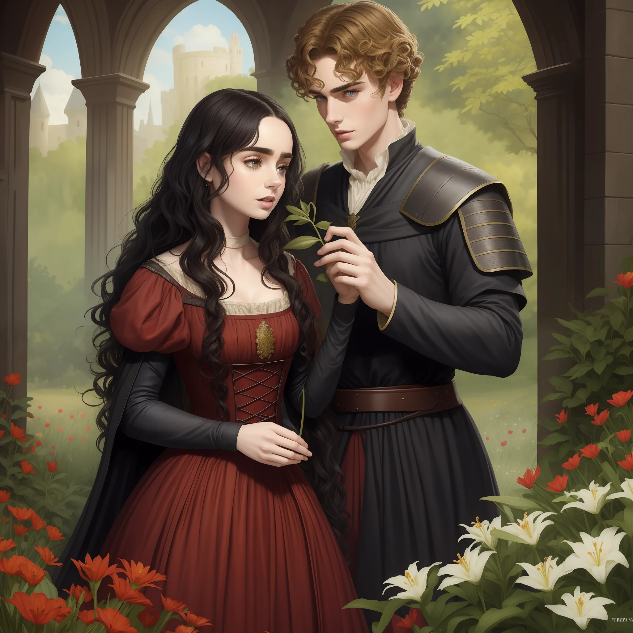 Lily Collins with curly black hair, in a faded red medieval dress, picking flowers in a garden; being observed by Prince Neels Visser who has blonde hair and deep green eyes dressed in medieval military uniform, novel book scene, masterpiece, best quality, ultra-detailed, illustration
