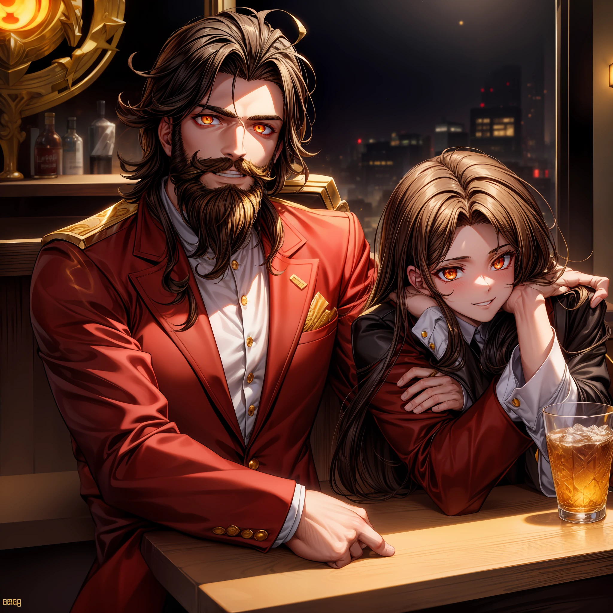 Eros, god of love, brunette, ((glowing golden eyes)), charming, perfect teeth, handsome features, beard, golden eyes, red jacket, 8k, masterpiece, headshot, portrait, greek god, messy hair, sitting alone at a bar, business casual, medium length hair, strong arms, smiling