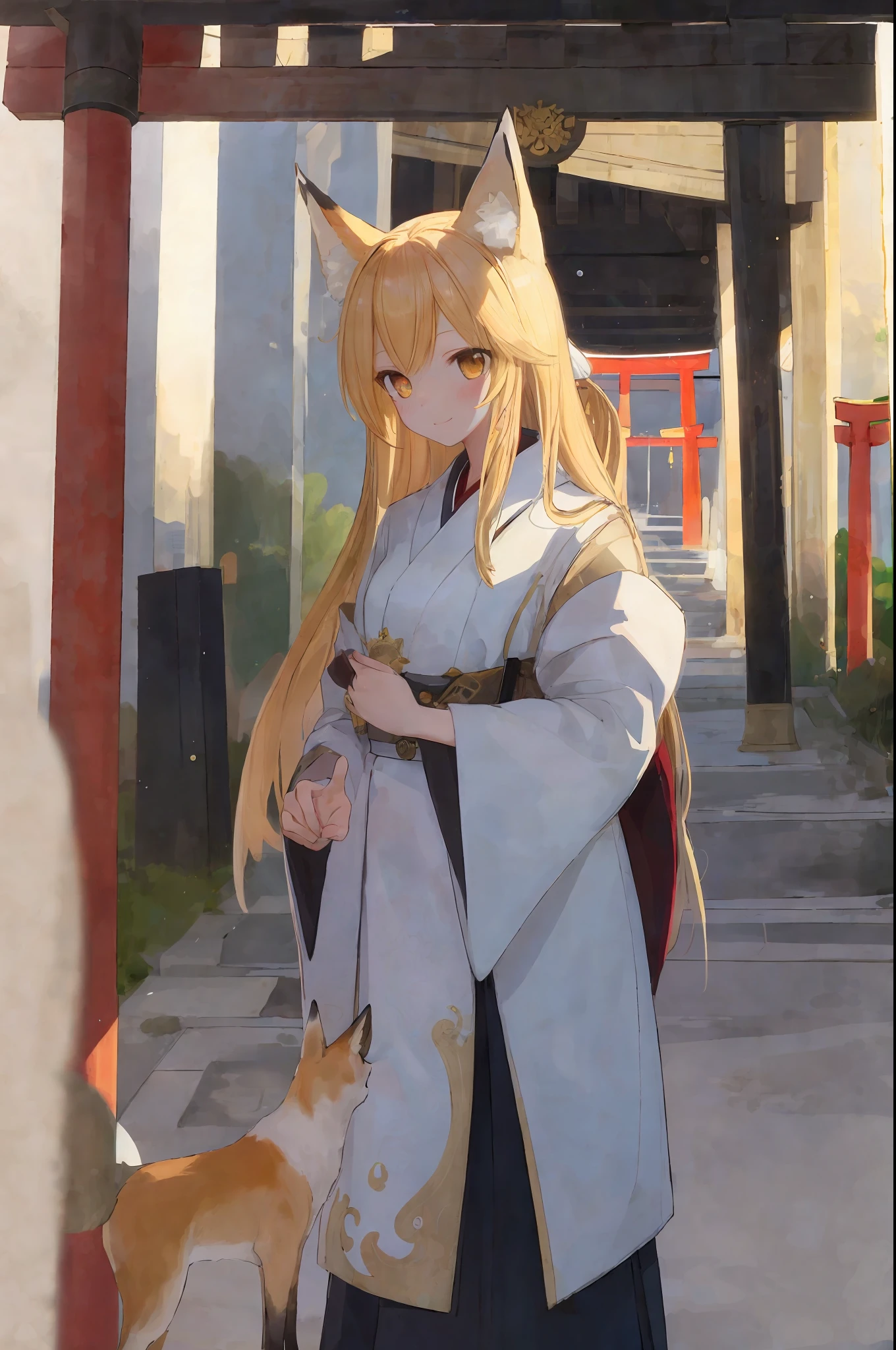 masterpiece, best quality, one girl, priestess uniform, standing in front of the torii gate, looking up, blonde, fox ears, happy,nine-tailed fox,