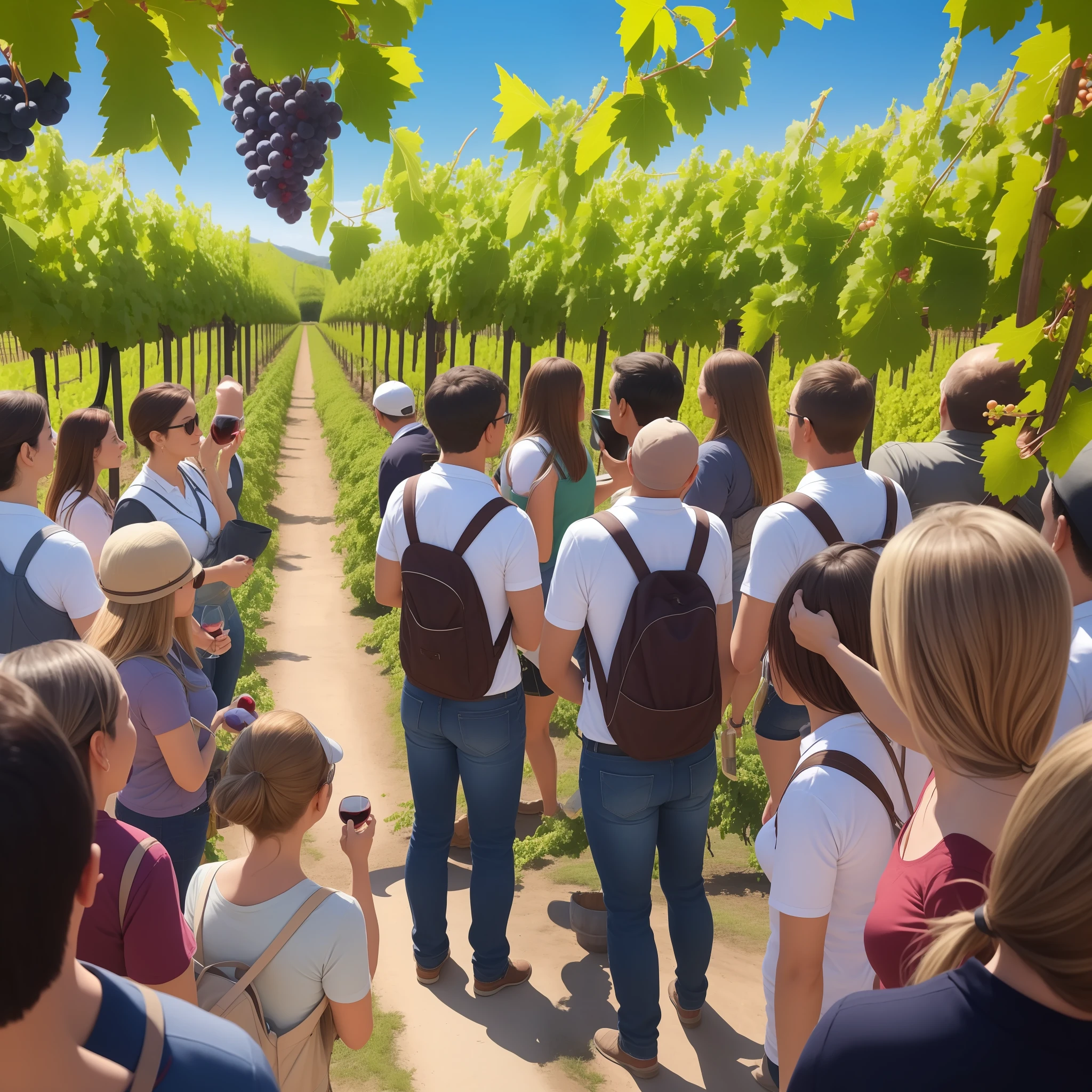 Imagine that you are in a winery and need to explain to a group of tourists how the wine production process happens, from the planting of the grapes to bottling. Poultry tour on a clear sunny day