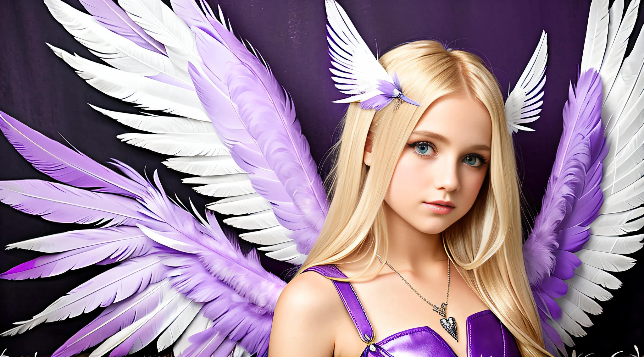 blonde girl with long hair and purple wings, girl with angel wings, girl with feathers, of a beautiful angel girl, angel girl, angel girl, cute portrait angel girl, purple leather wings, purple feathers, angel face, young harpy-girl, an angel, feather wings, wearing angel, angelic photography, feathered wings, fallen angel