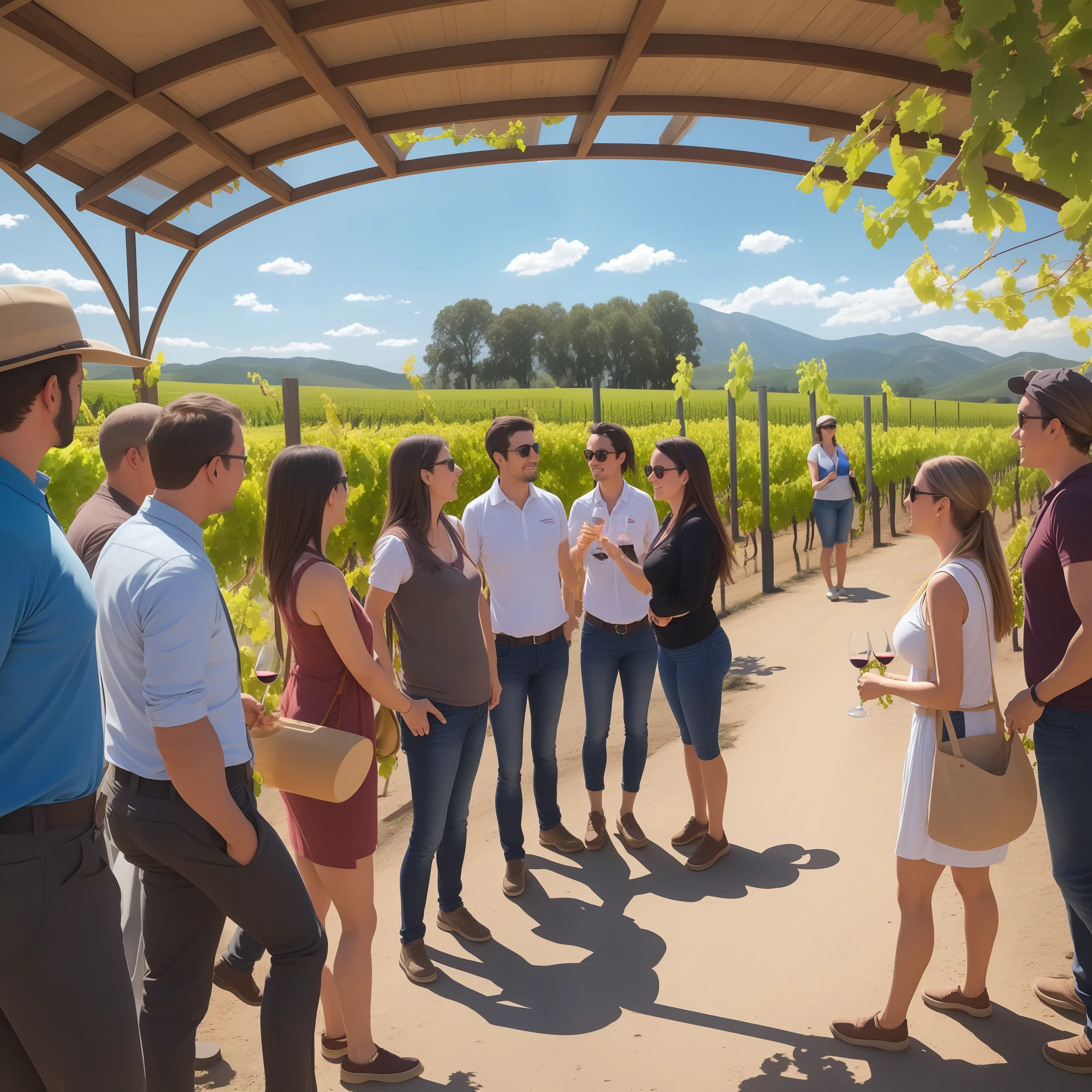 Imagine that you are in a winery and need to explain to a group of tourists how the wine production process happens, from the planting of the grapes to bottling. Poultry tour on a clear sunny day