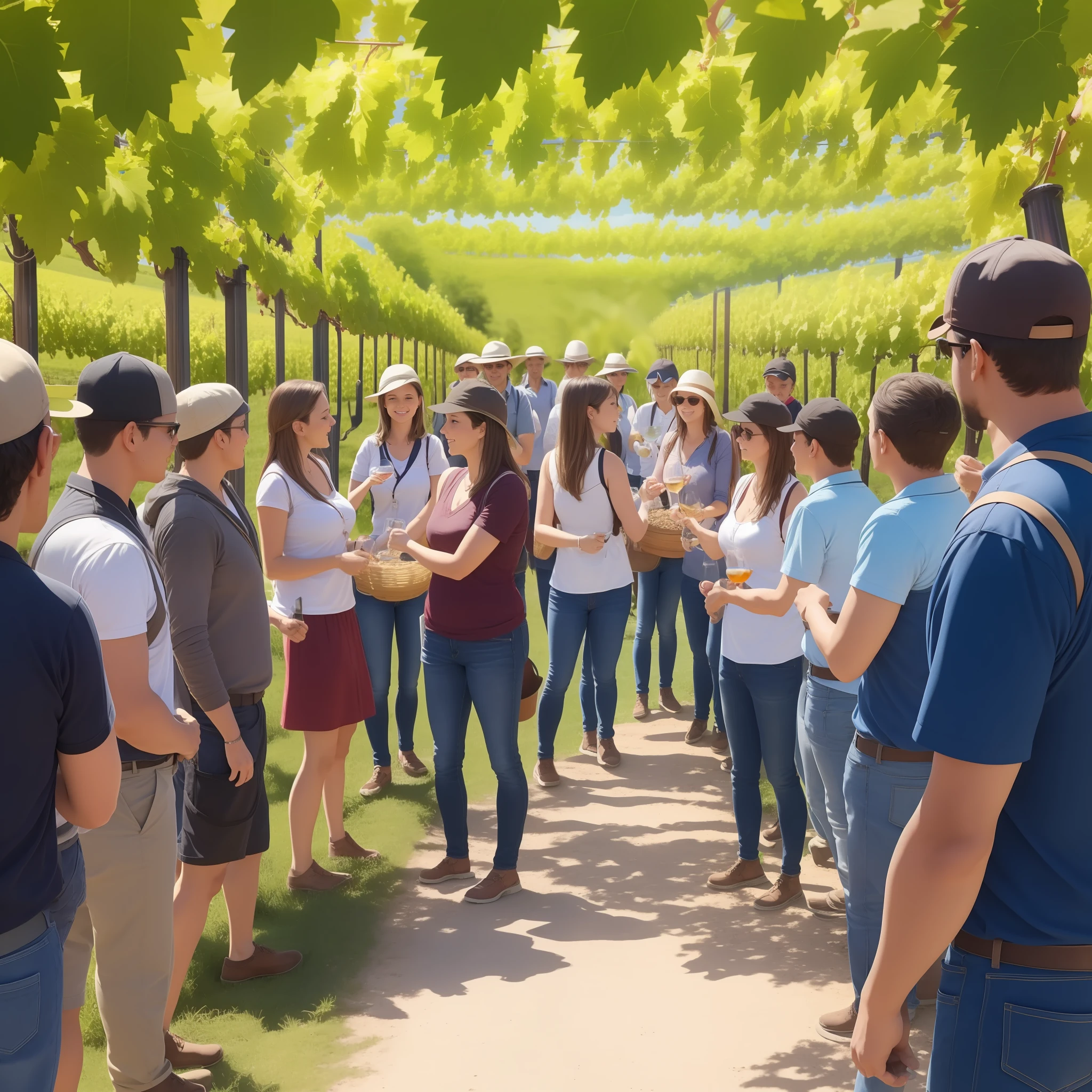 Imagine that you are in a winery and need to explain to a group of tourists how the wine production process happens, from the planting of the grapes to bottling. Poultry tour on a clear sunny day